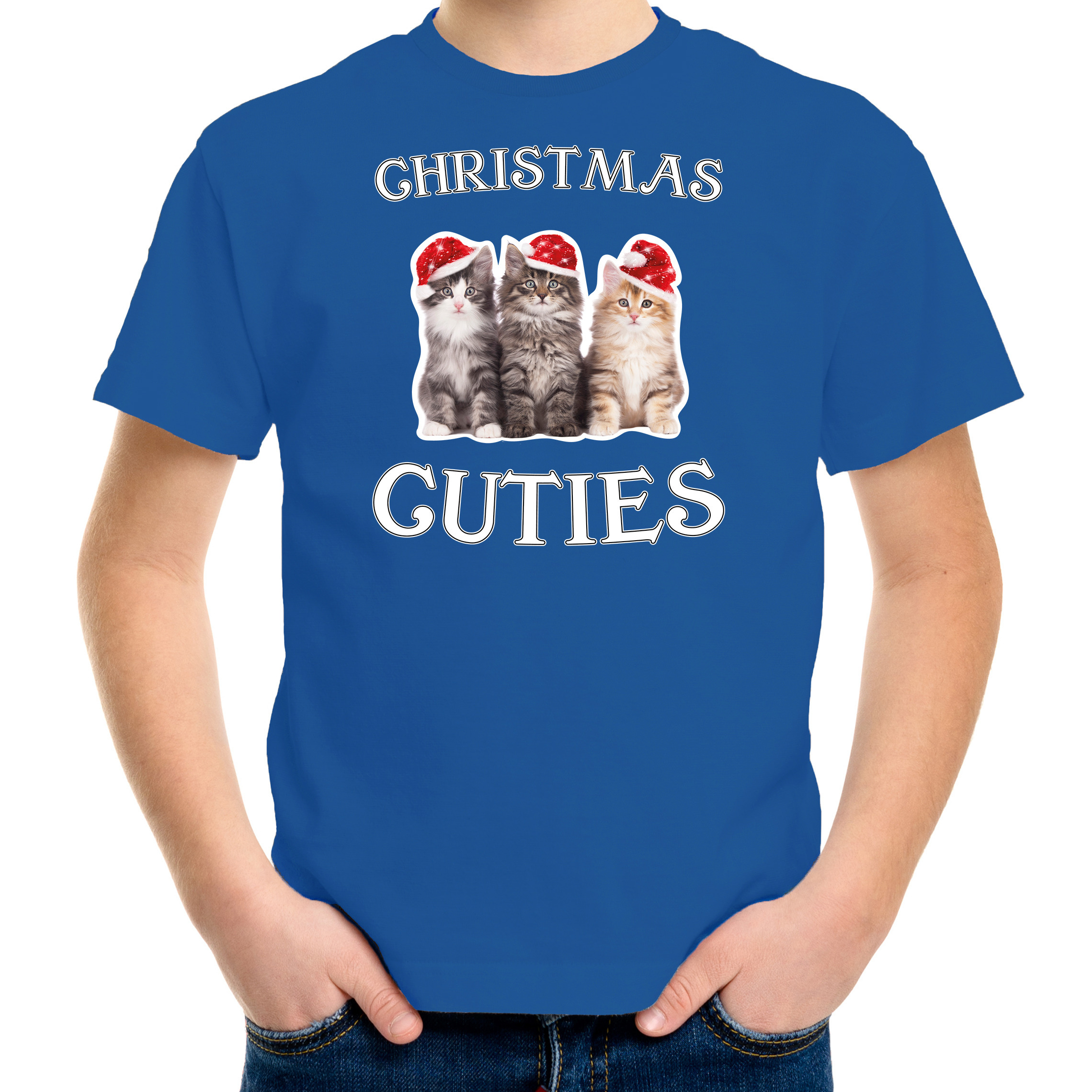 Kitten Kerst t-shirt - outfit Christmas cuties blauw voor kinderen