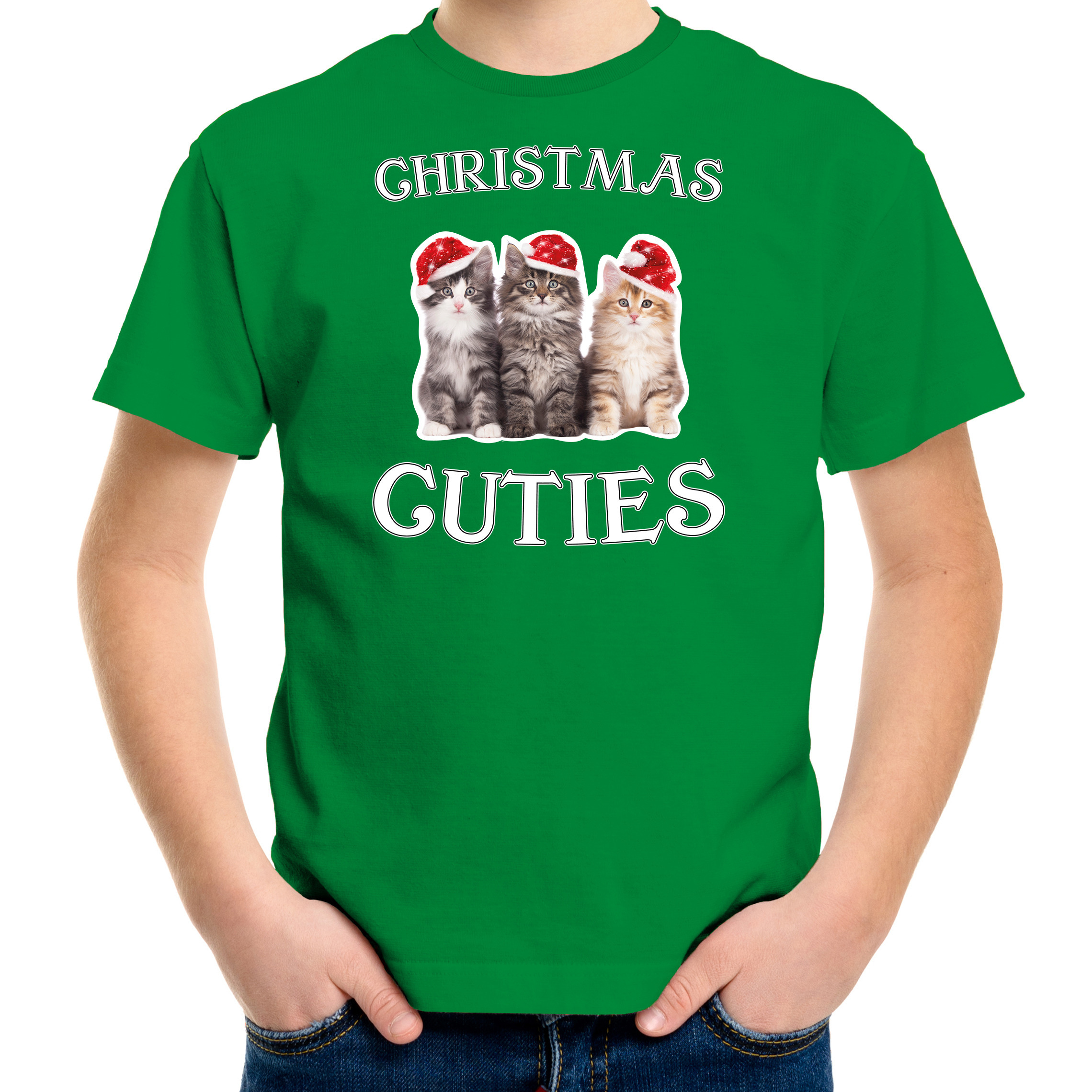 Kitten Kerst t-shirt - outfit Christmas cuties groen voor kinderen