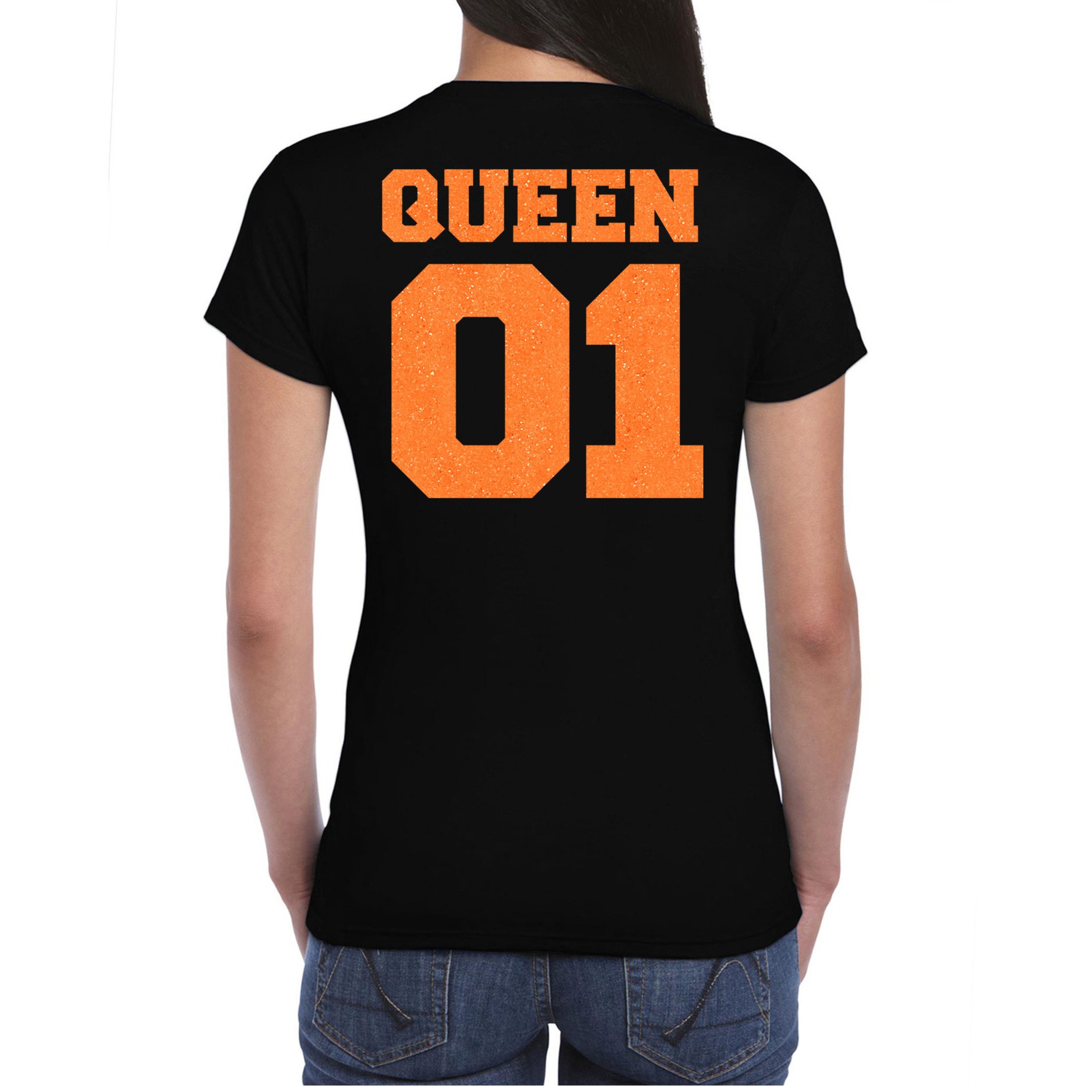 Koningsdag verkleed T-shirt voor dames Queen zwart met glitters feestkleding