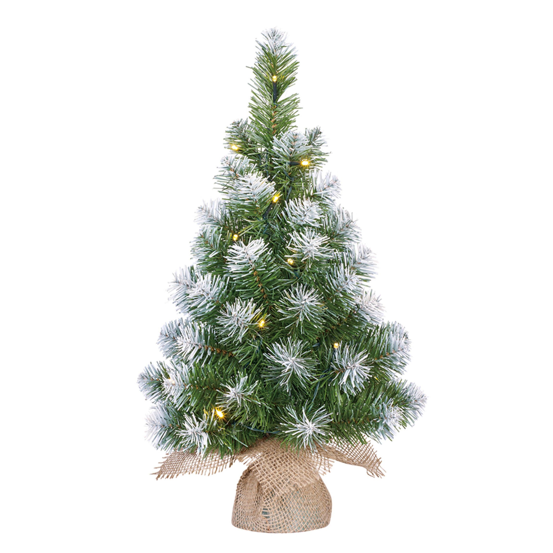 Kunst kerstboom-kunstboom in jute zak met verlichting en sneeuw 60 cm
