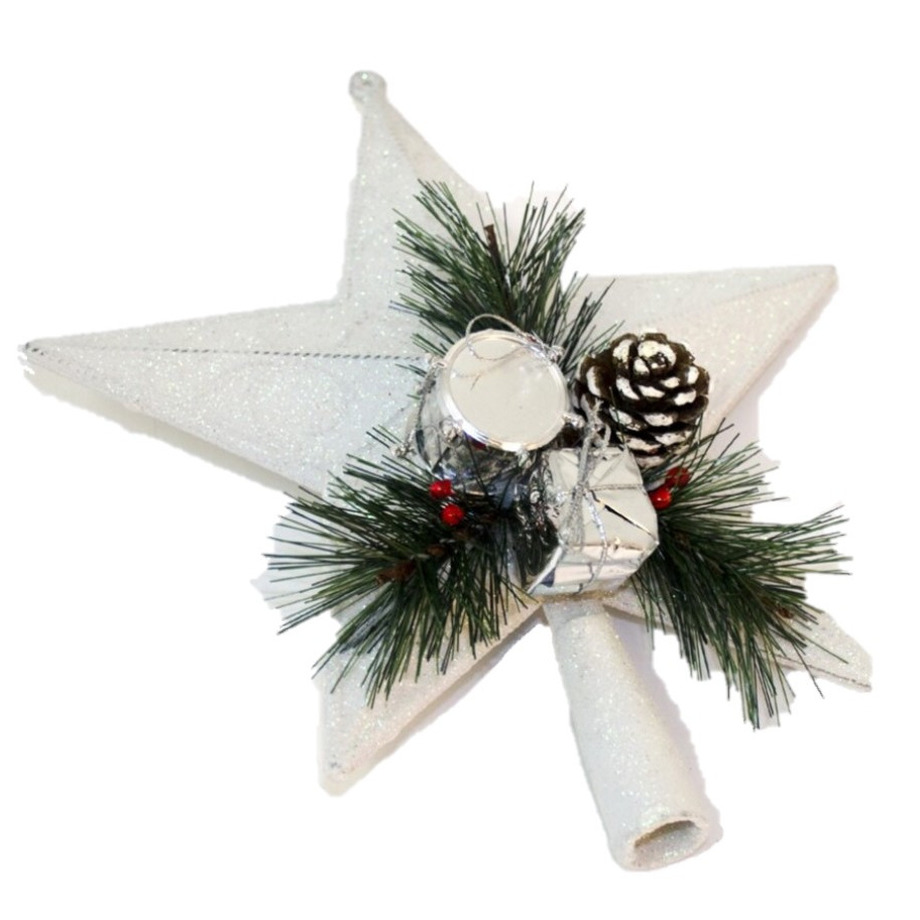 Kunststof kerstboom ster piek wit 21 cm Kerstpieken met decoratie