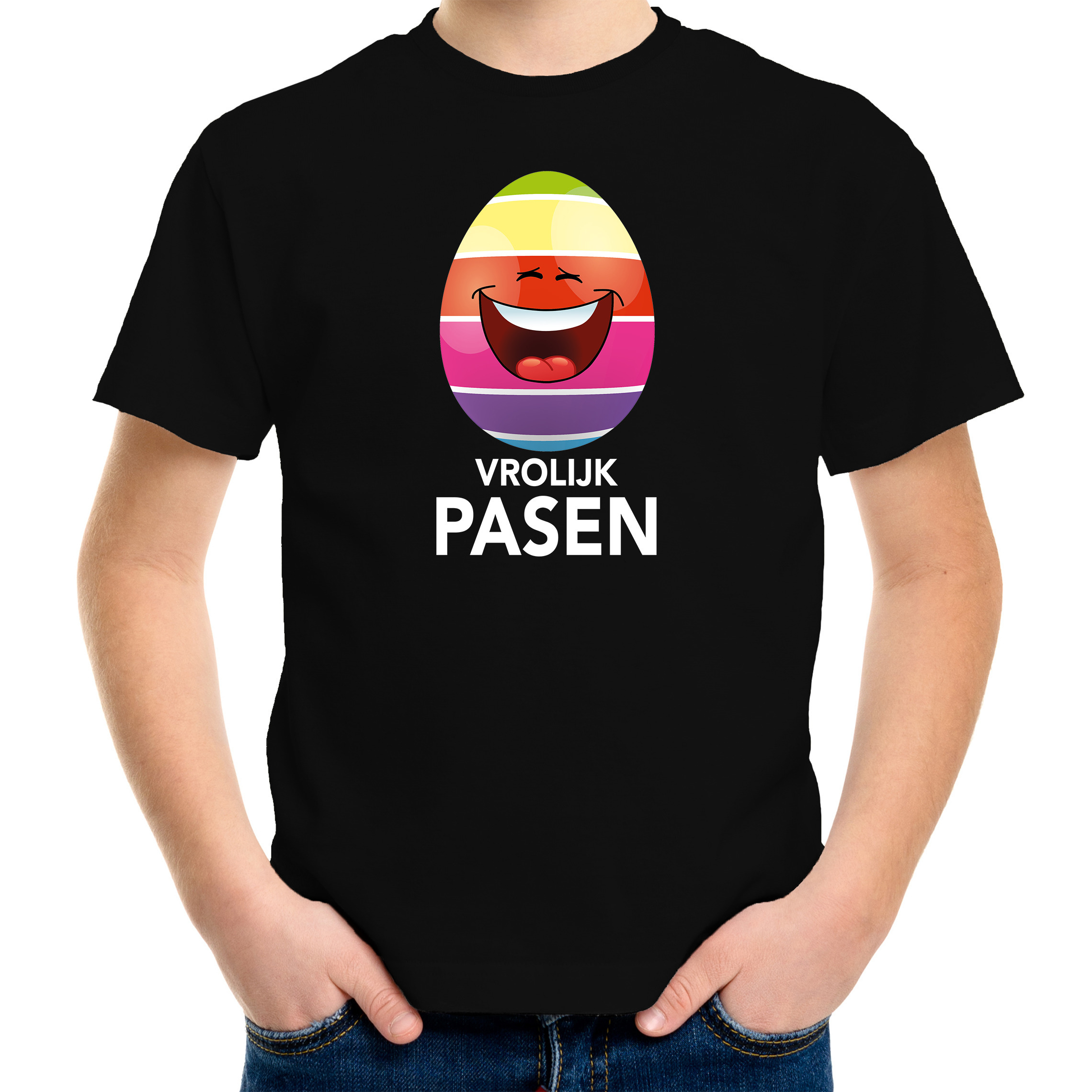Lachend Paasei vrolijk Pasen t-shirt zwart voor kinderen Paas kleding-outfit