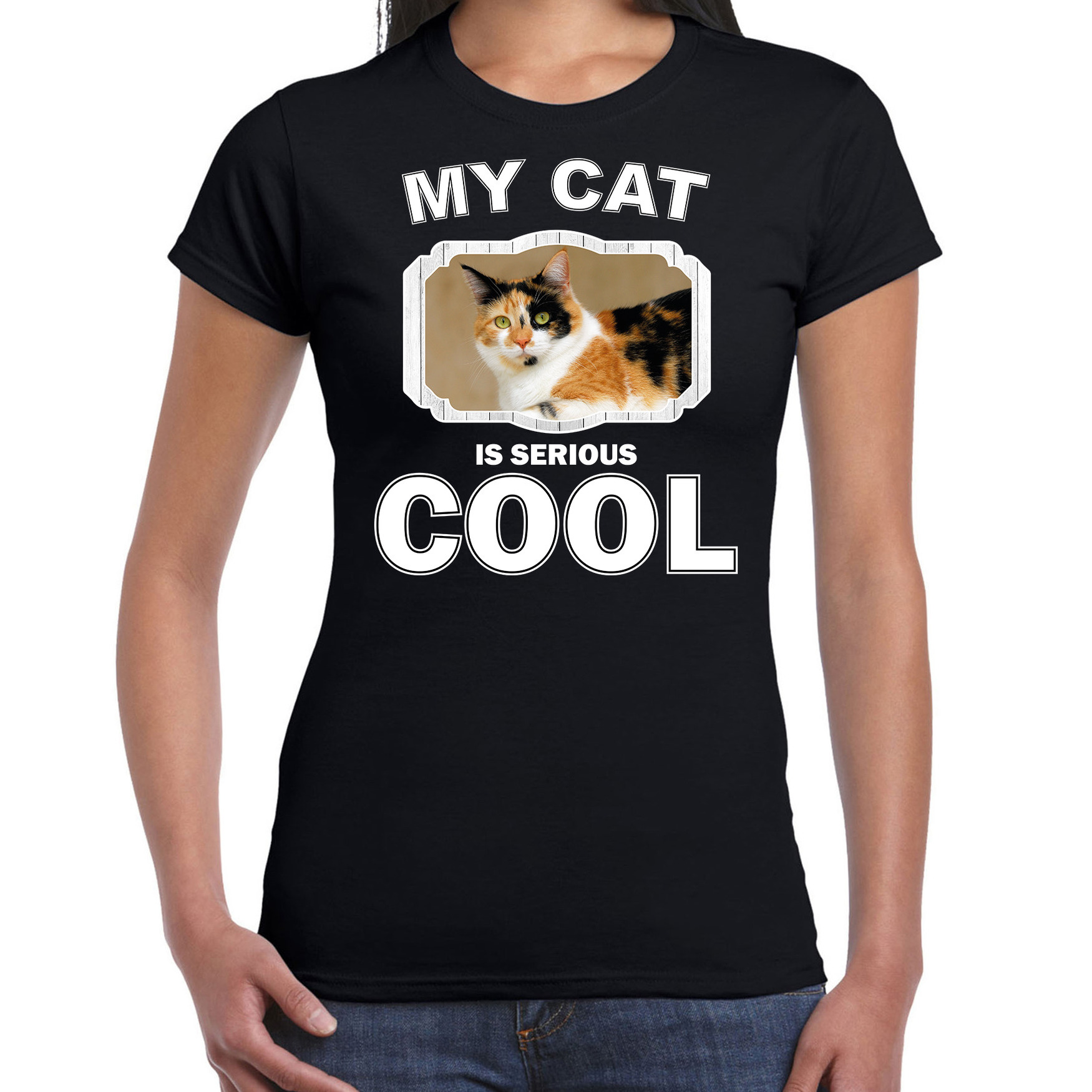 Lapjeskat katten / poezen t-shirt my cat is serious cool zwart voor dames