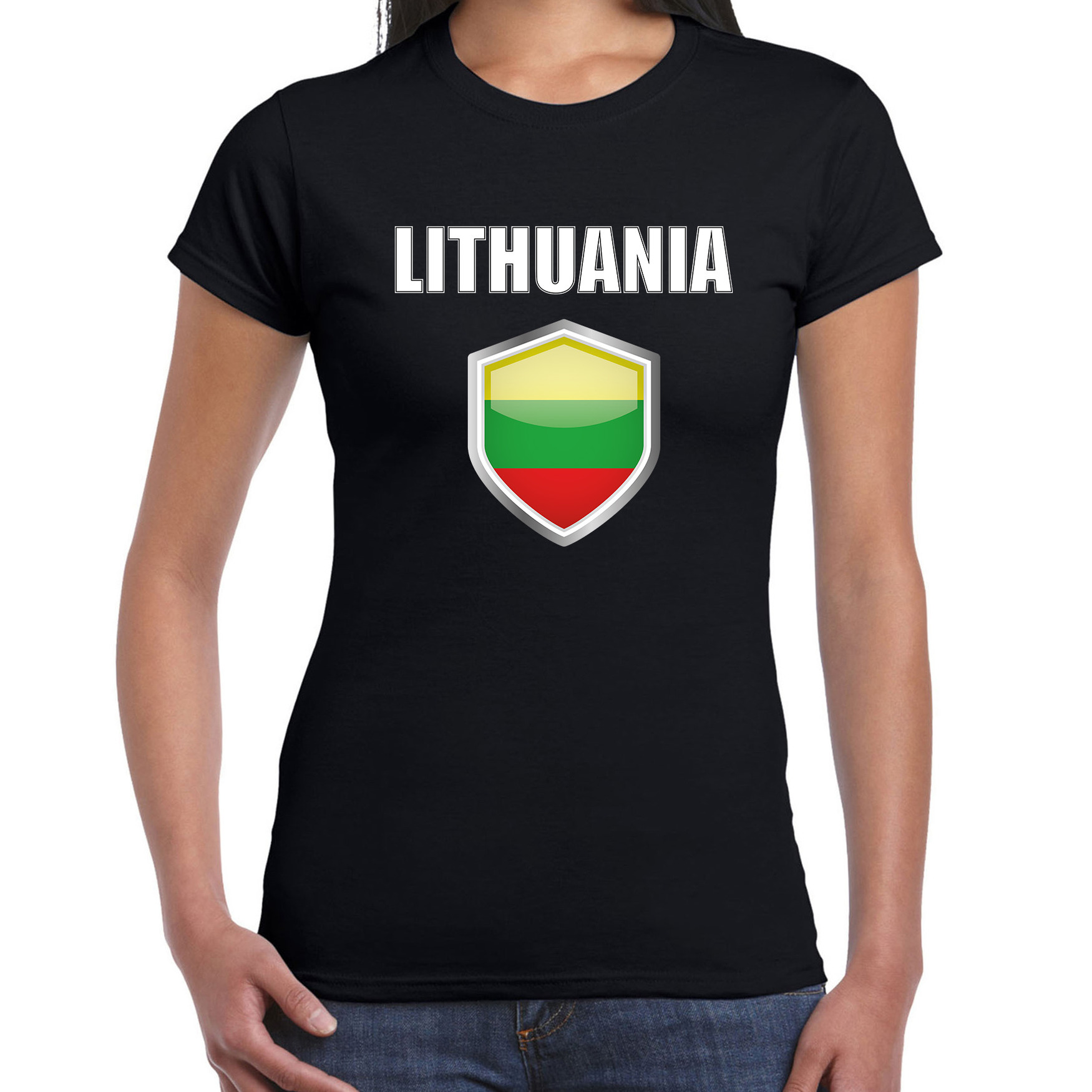 Litouwen landen supporter t-shirt met Litouwse vlag schild zwart dames