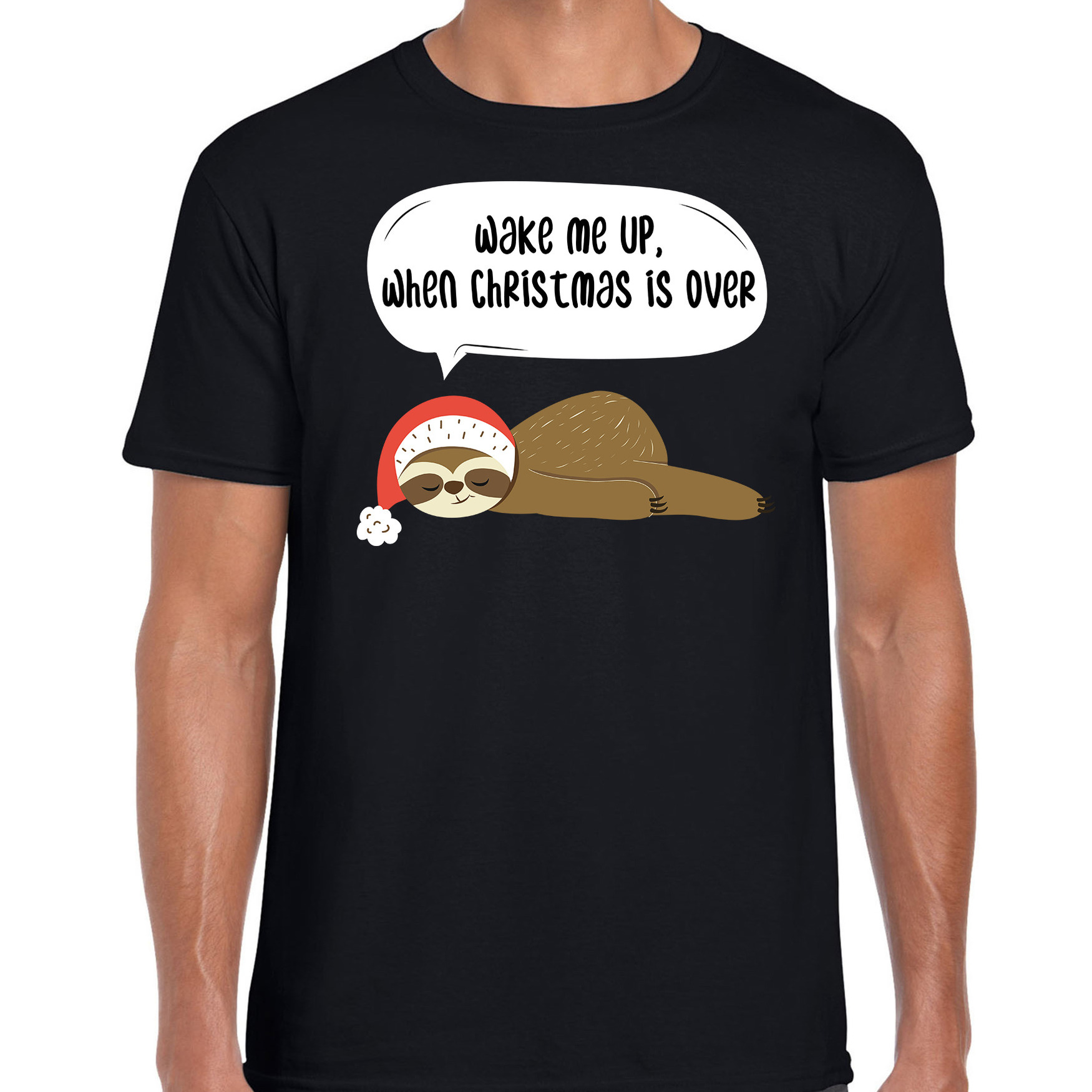 Luiaard Kerst t-shirt - outfit Wake me up when christmas is over zwart voor heren