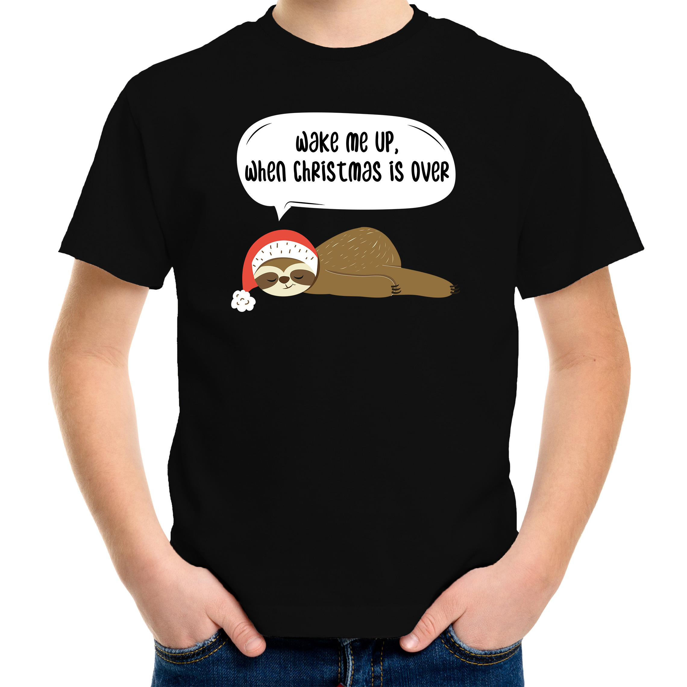 Luiaard Kerst t-shirt - outfit Wake me up when christmas is over zwart voor kinderen