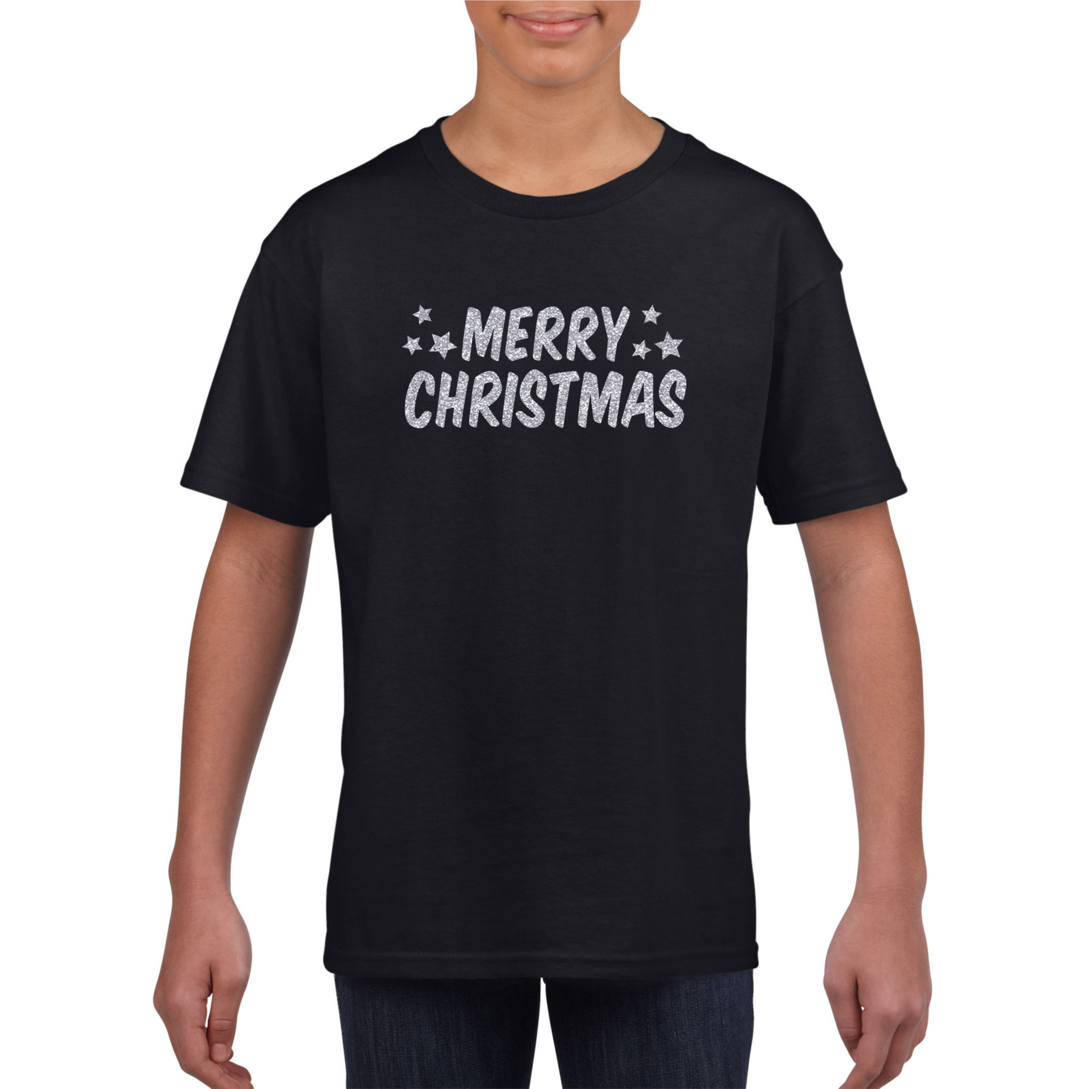 Merry Christmas Kerst t-shirt zwart voor kinderen met zilveren glitter bedrukking