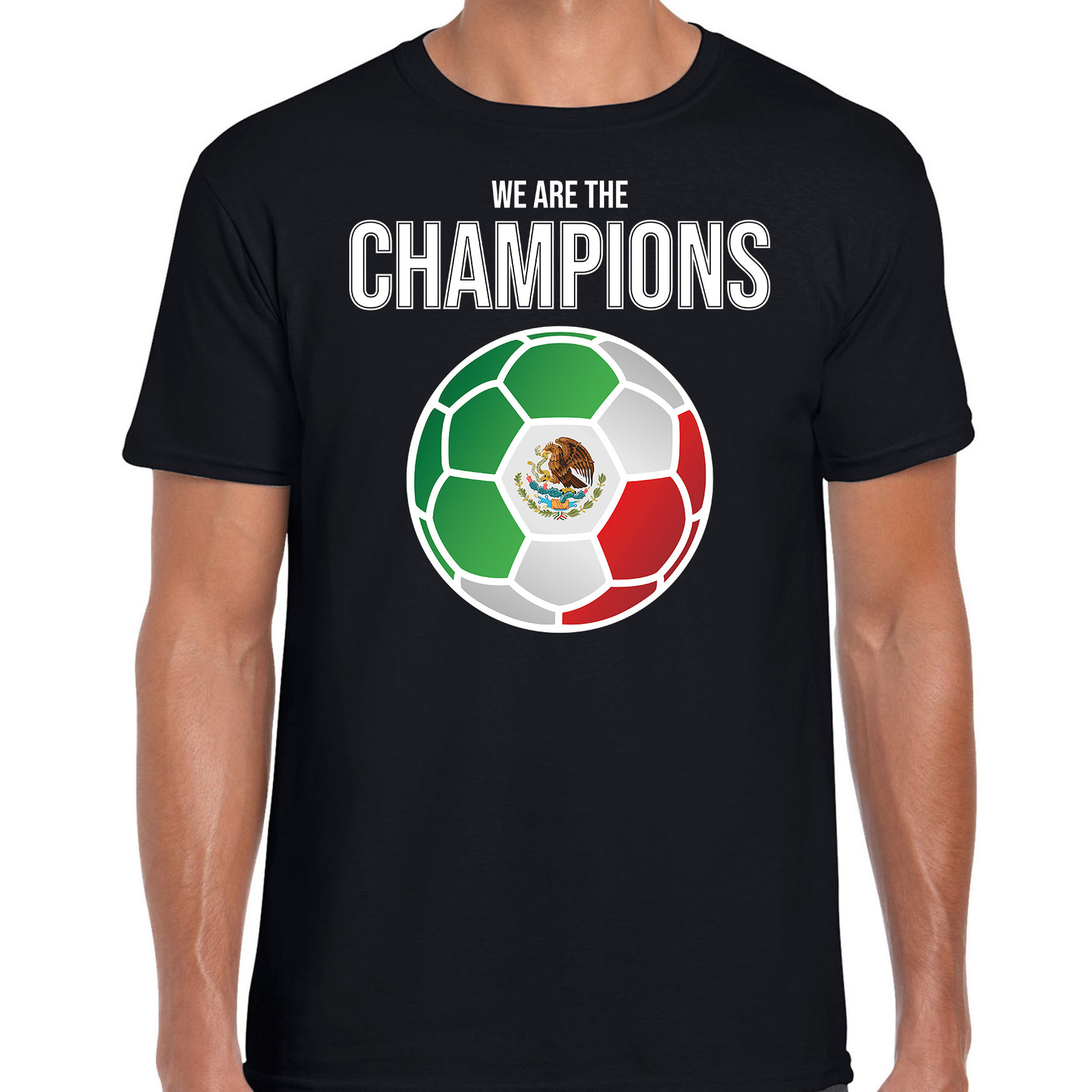 Mexico WK supporter t-shirt we are the champions met Mexicaanse voetbal zwart heren