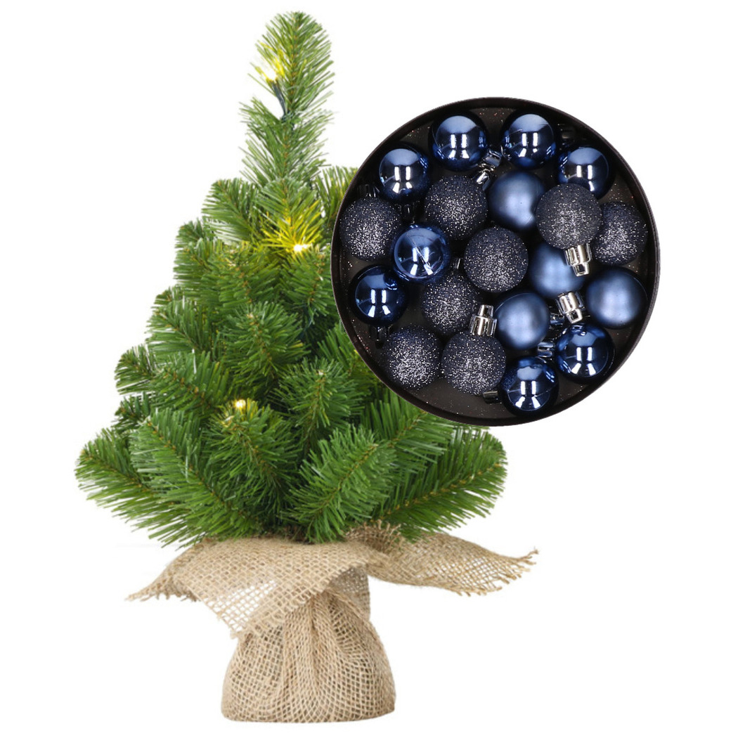 Mini kerstboom-kunstboom met verlichting 45 cm en inclusief kerstballen donkerblauw