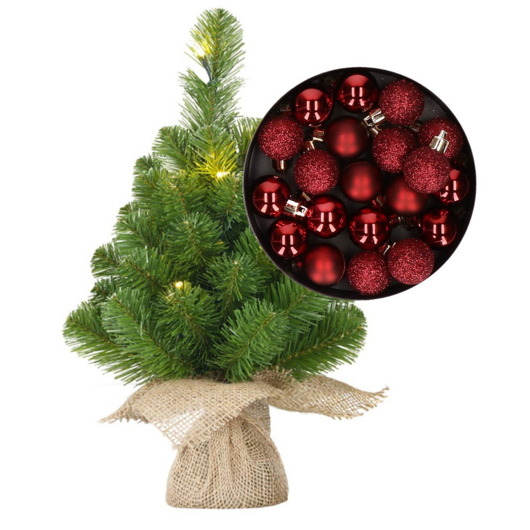 Mini kerstboom-kunstboom met verlichting 45 cm en inclusief kerstballen donkerrood