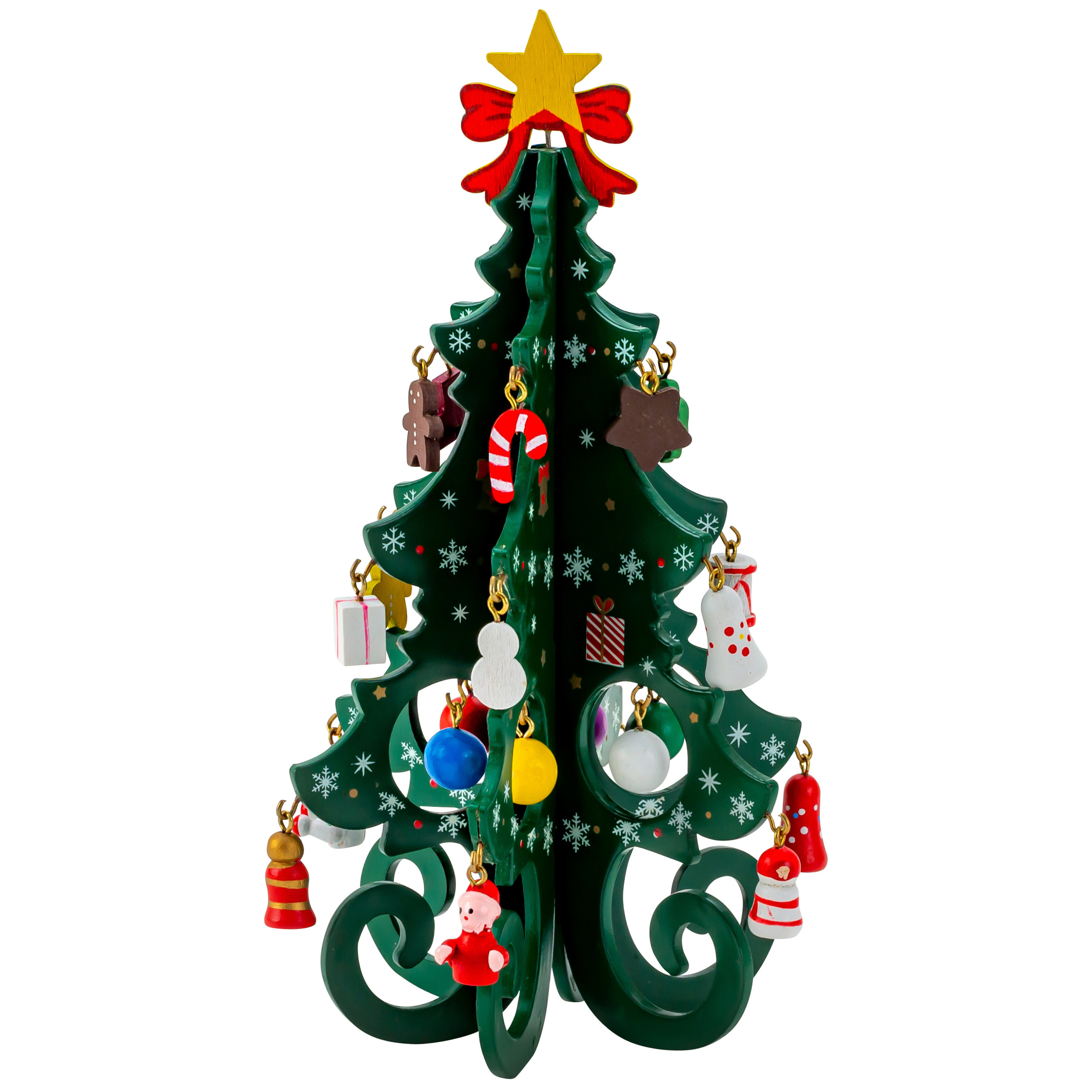 Mini kerstboompje groen met hangers H19 cm hout kinderkamer