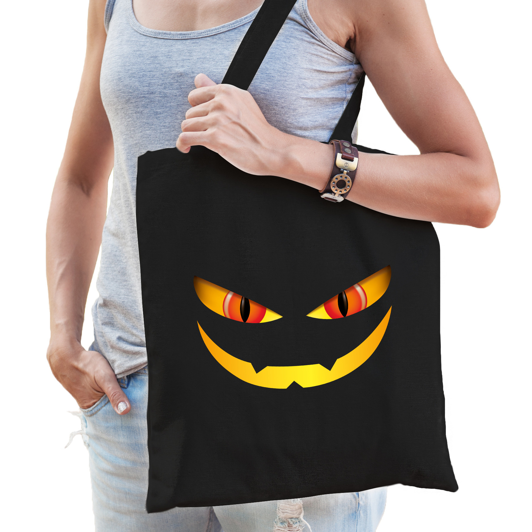 Monster gezicht halloween trick or treat katoenen tas- snoep tas zwart