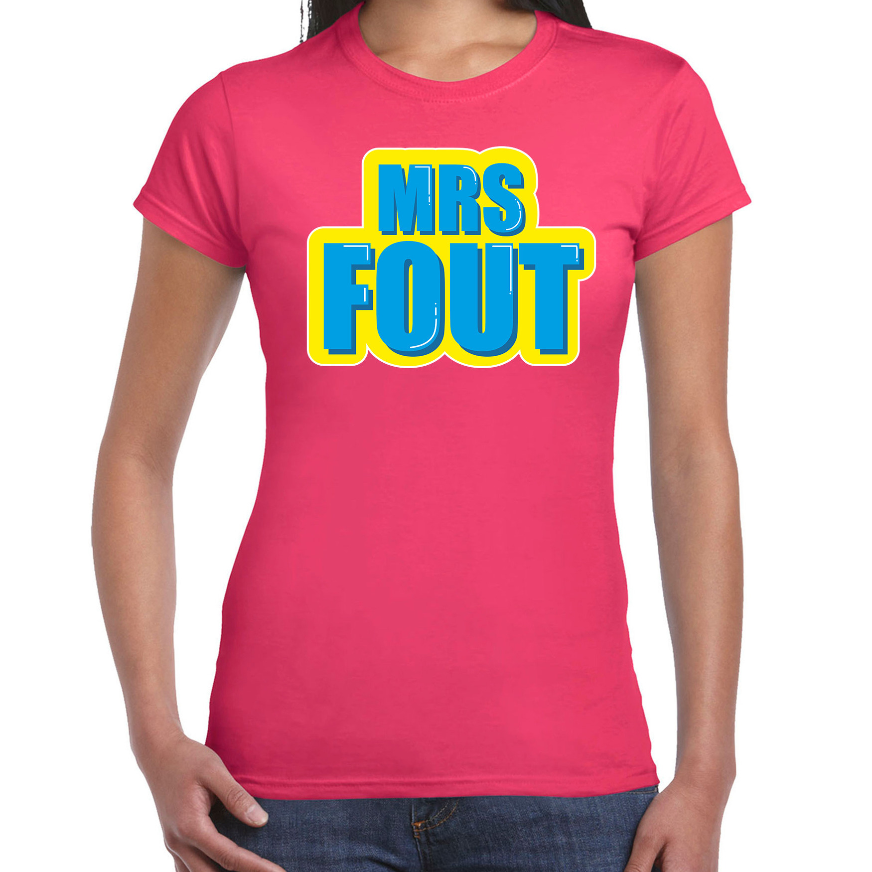 Mrs. Fout fun tekst t-shirt voor dames roze met blauwe opdruk