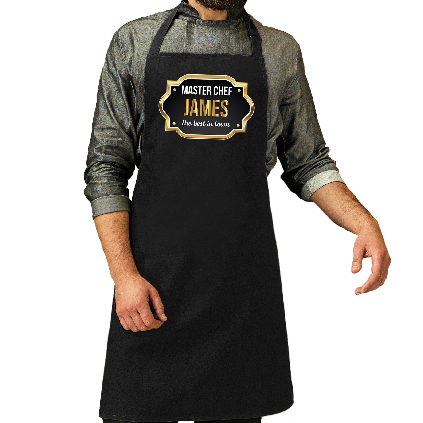 Naam cadeau master chef schort James zwart keukenschort cadeau