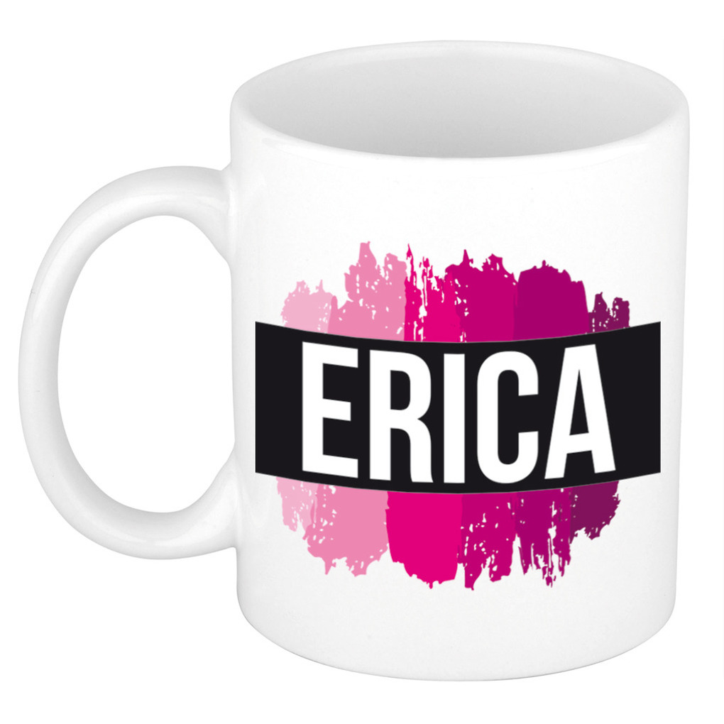 Naam cadeau mok-beker Erica met roze verfstrepen 300 ml
