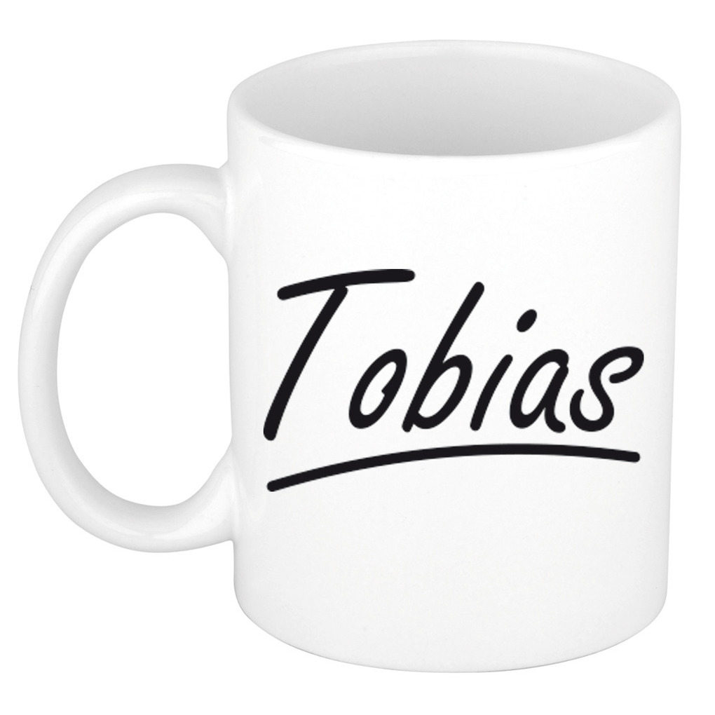 Naam cadeau mok - beker Tobias met sierlijke letters 300 ml