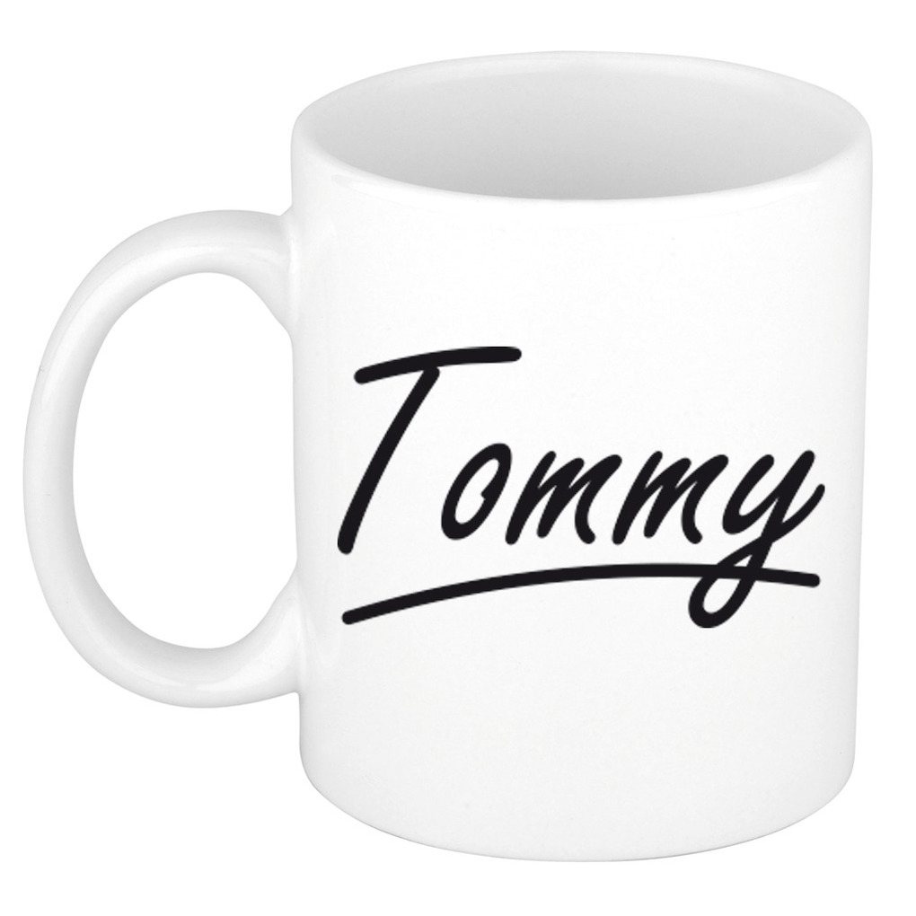 Naam cadeau mok - beker Tommy met sierlijke letters 300 ml