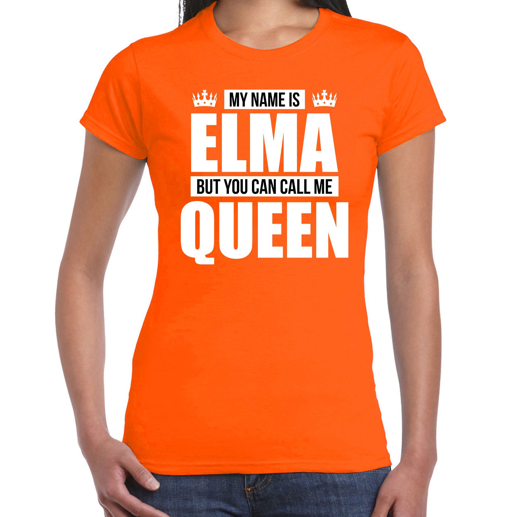 Naam cadeau t-shirt my name is Elma but you can call me Queen oranje voor dames