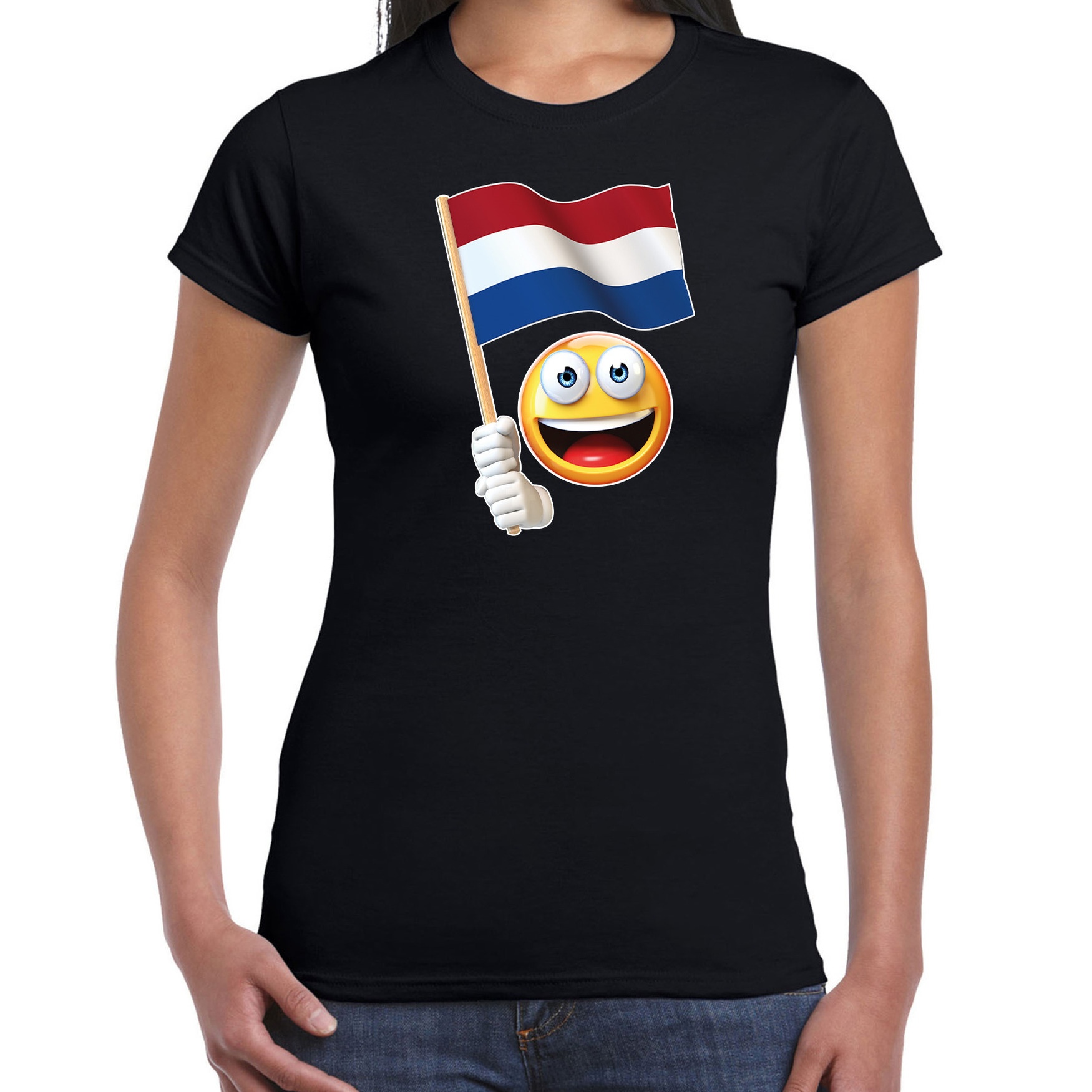 Nederland supporter - fan emoticon t-shirt zwart voor dames