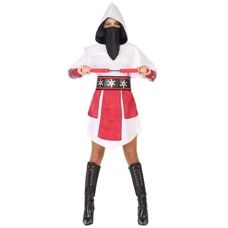 Ninja vechter verkleed jurk-kostuum wit-rood voor dames