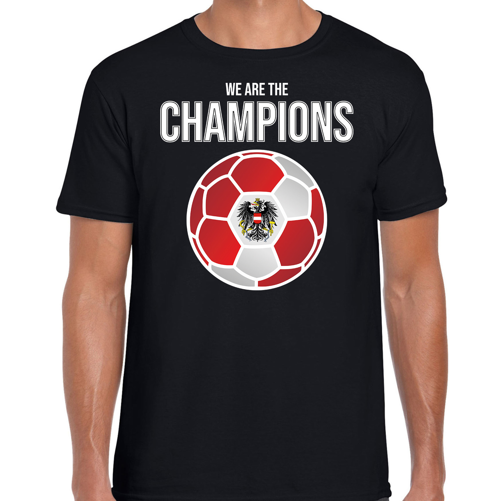 Oostenrijk EK/ WK supporter t-shirt we are the champions met Oostenrijkse voetbal zwart heren