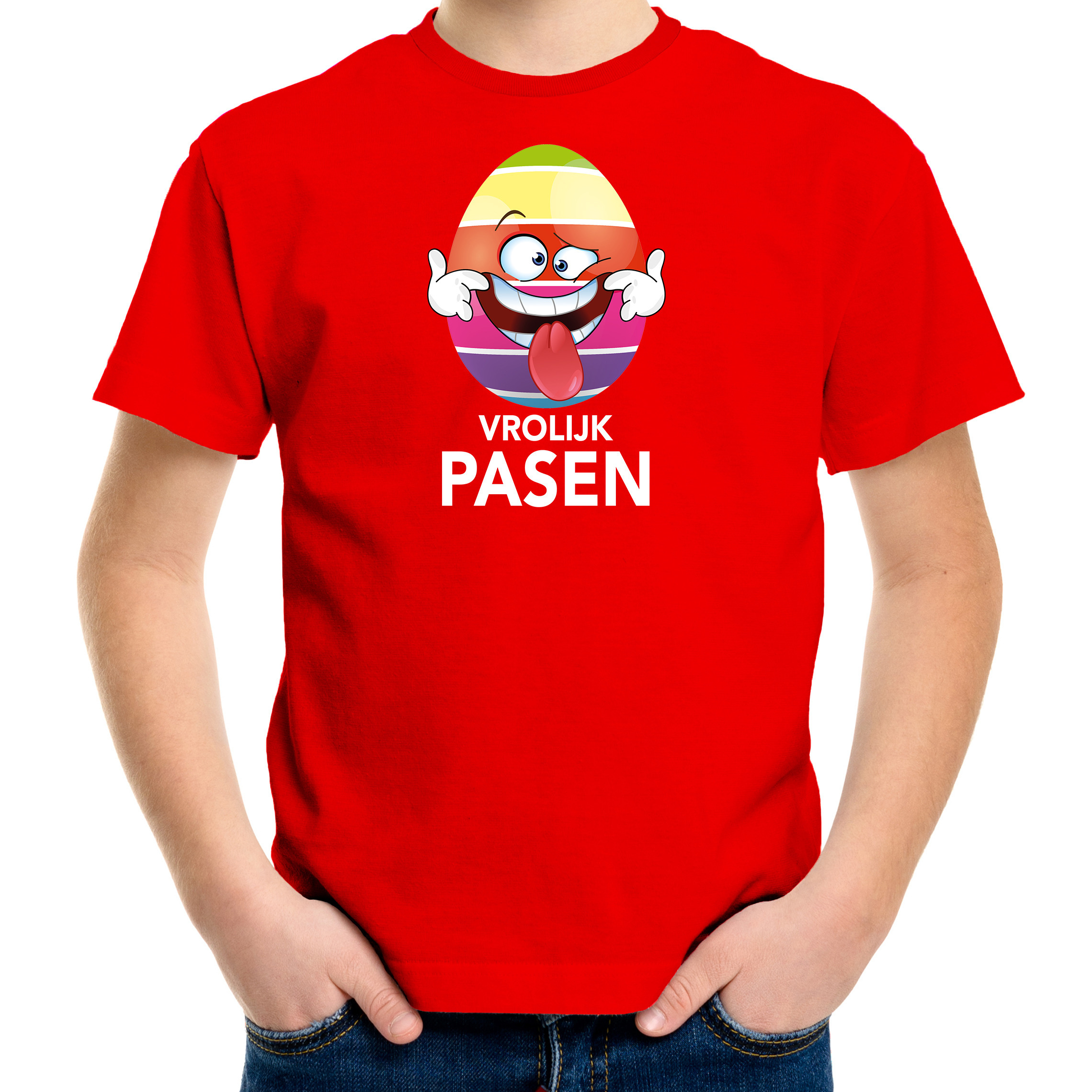 Paasei die tong uitsteekt vrolijk Pasen t-shirt rood voor kinderen Paas kleding-outfit