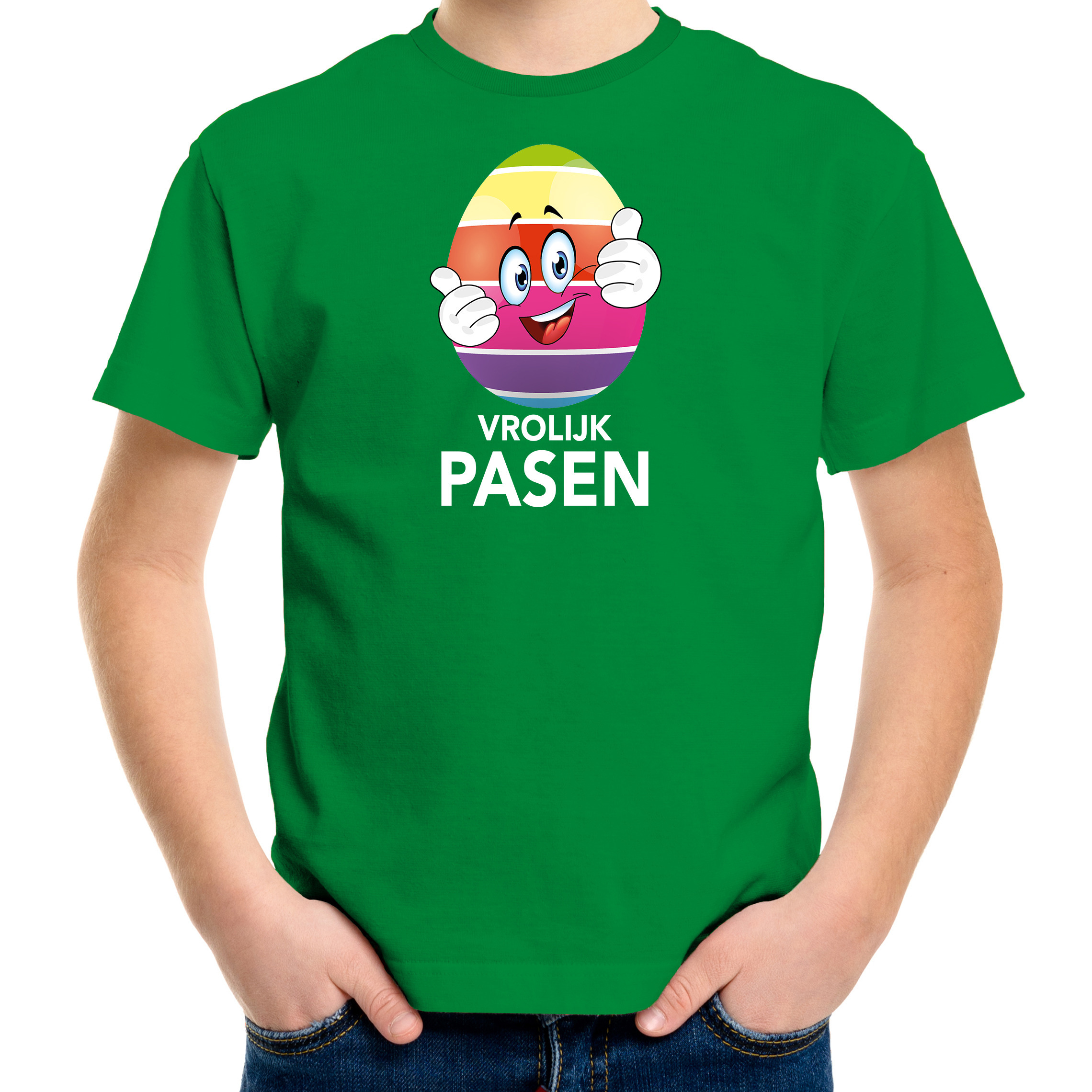 Paasei met duimen schuin omhoog vrolijk Pasen t-shirt groen voor kinderen Paas kleding-outfit