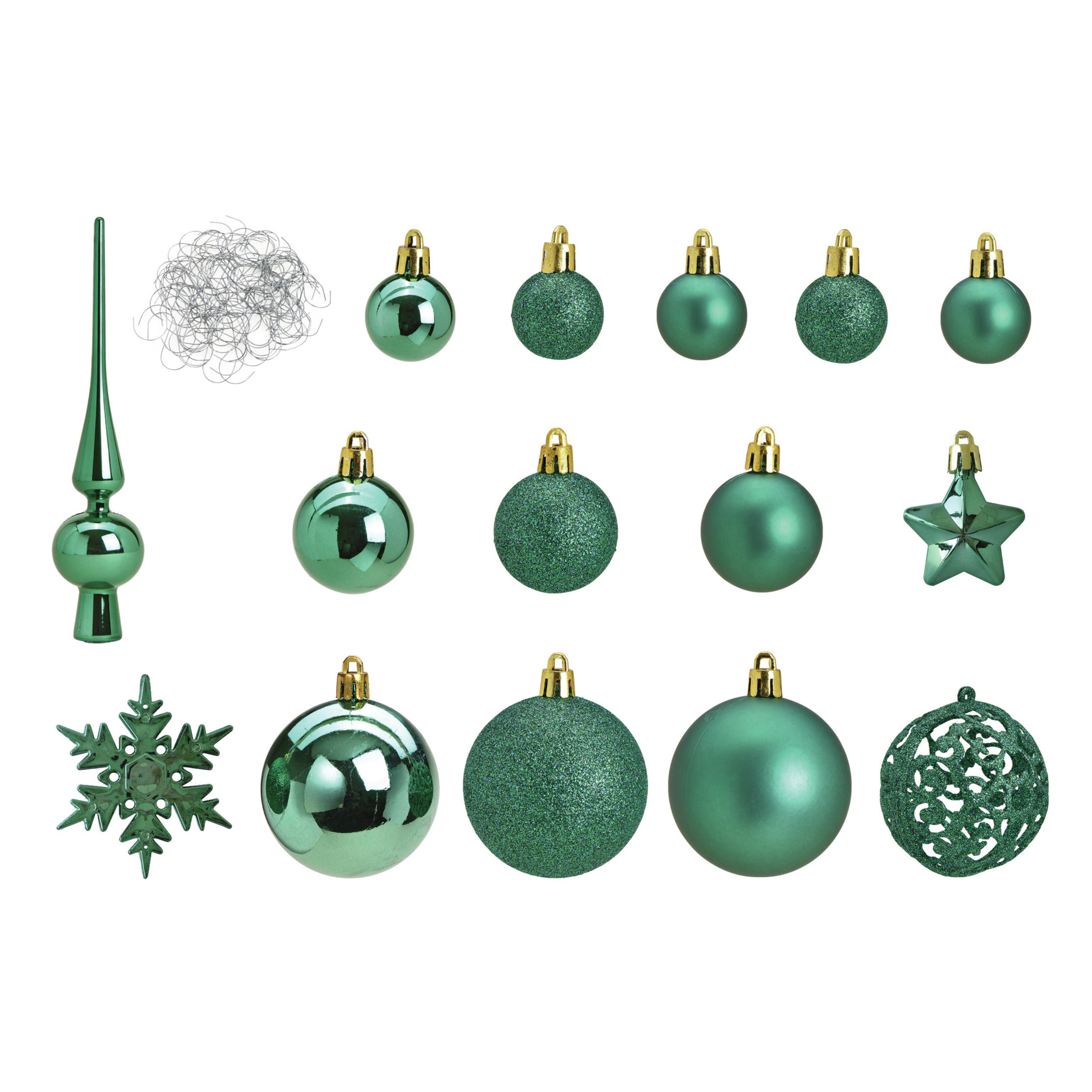 Pakket met 110x stuks kunststof kerstballen-ornamenten met piek emerald groen