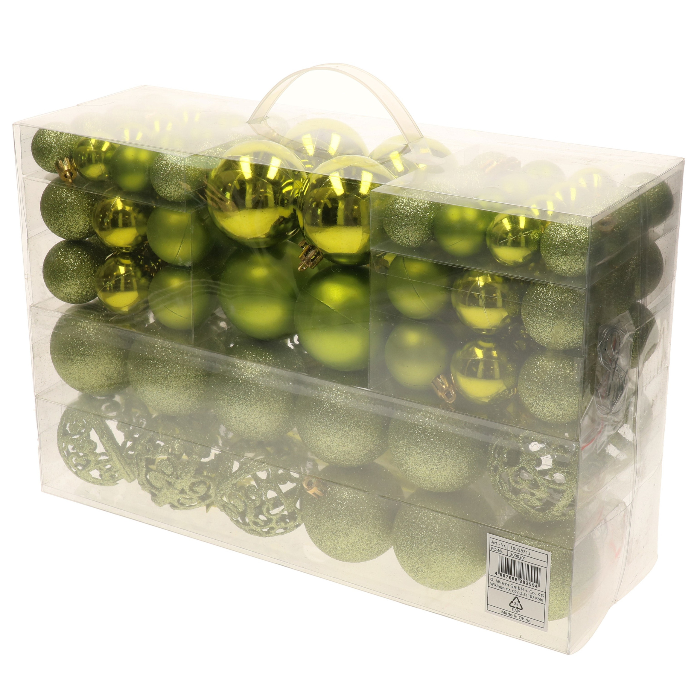 Pakket met 110x stuks kunststof kerstballen-ornamenten met piek lime groen