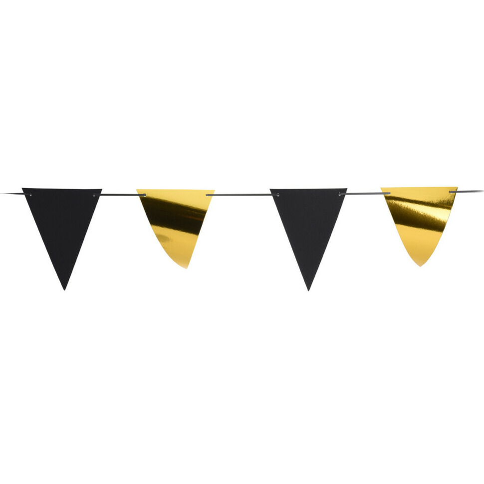 Party Vlaggenlijn binnen-buiten plastic metallic zwart-goud 6 m 25 vlaggetjes