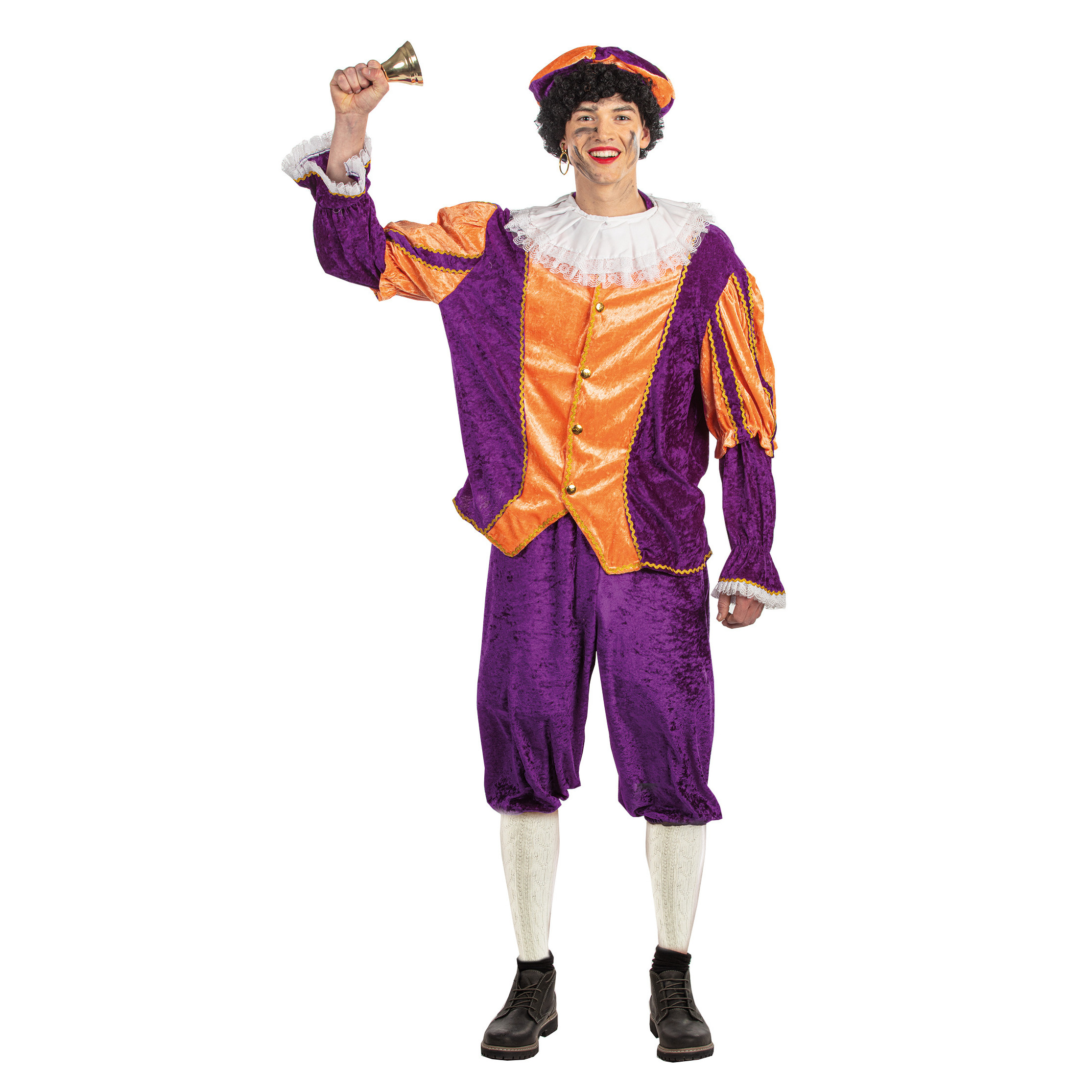 Piet verkleed kostuum 4-delig paars-oranje polyester pietenpak voor volwassenen