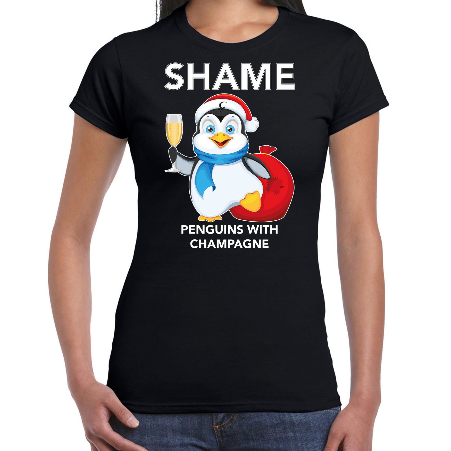 Pinguin Kerst t-shirt - outfit Shame penguins with champagne zwart voor dames