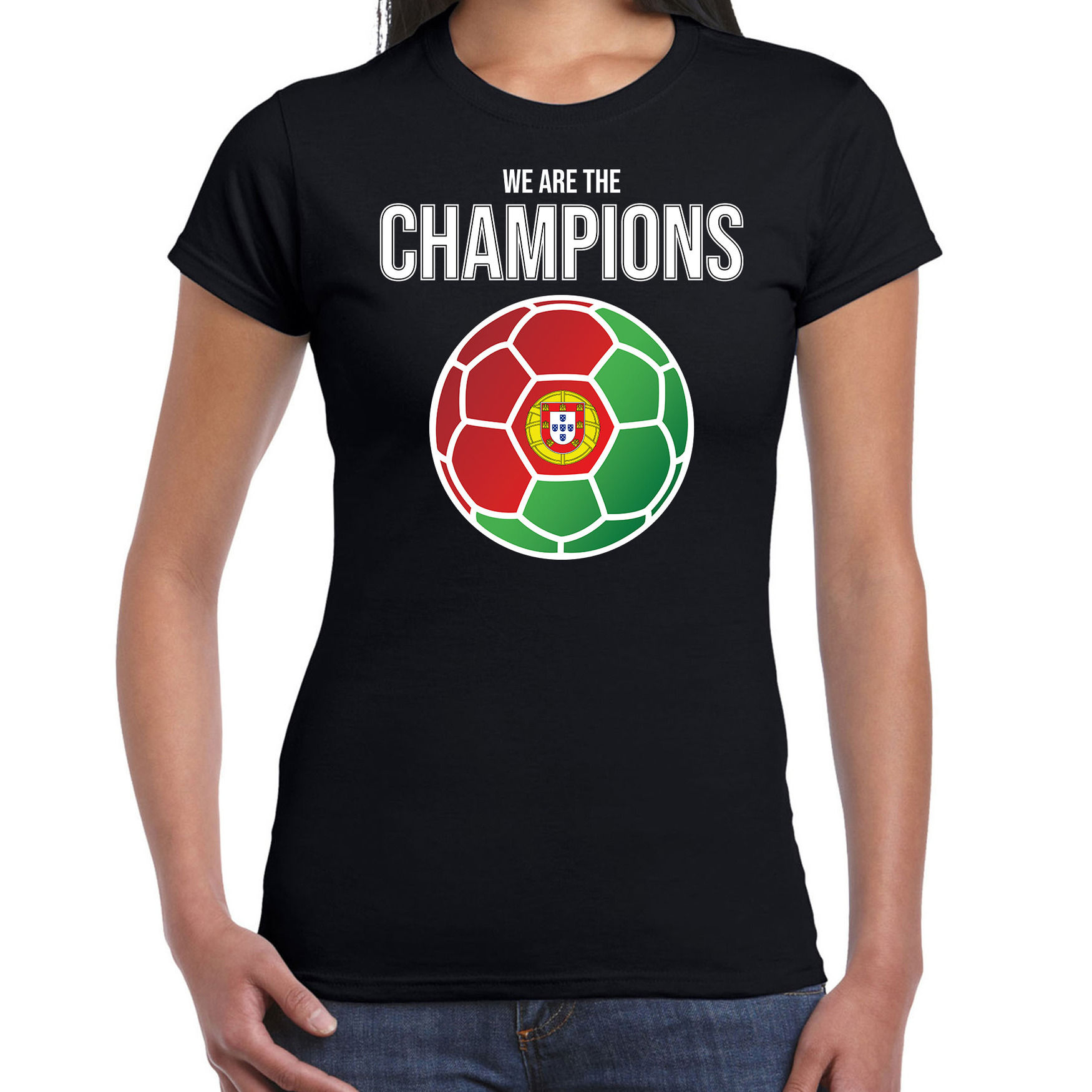 Portugal EK/ WK supporter t-shirt we are the champions met Portugese voetbal zwart dames