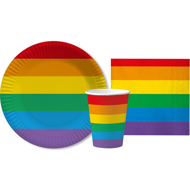 Regenboog thema servies pakket 10 borden-10 bekers-20 servetten