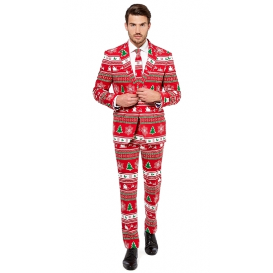 Rode business suit met kerstboom print