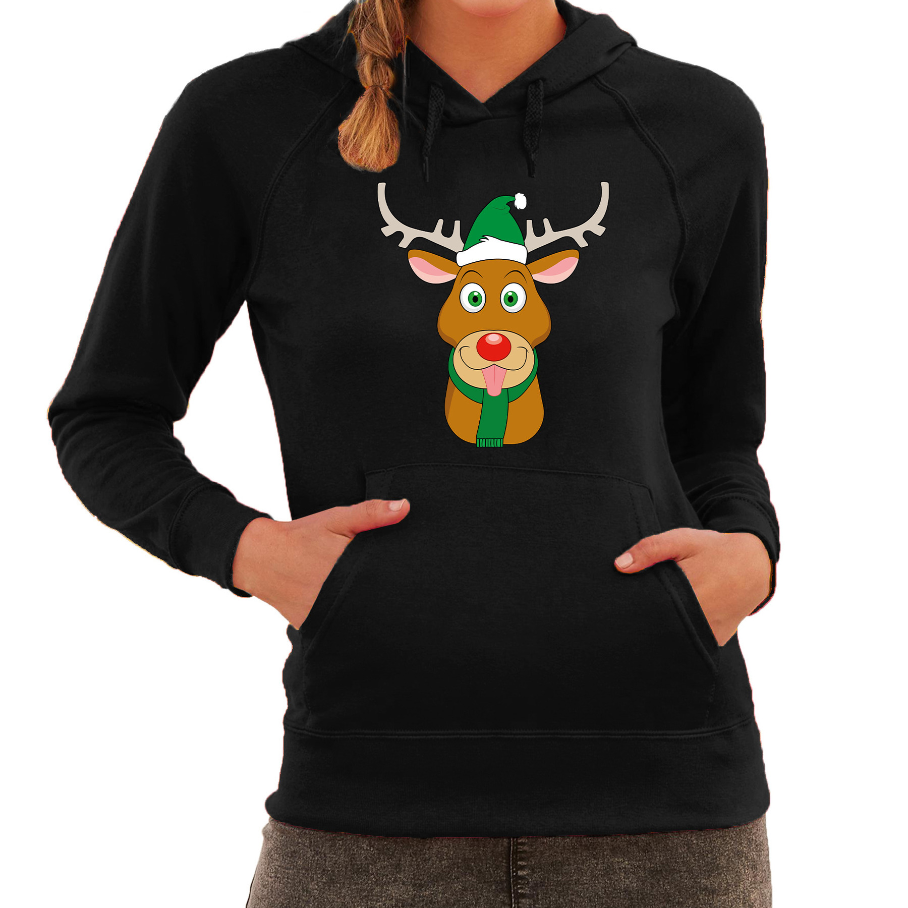 Rudolf met Kerstmuts foute Kerst hoodie-hooded sweater zwart voor dames
