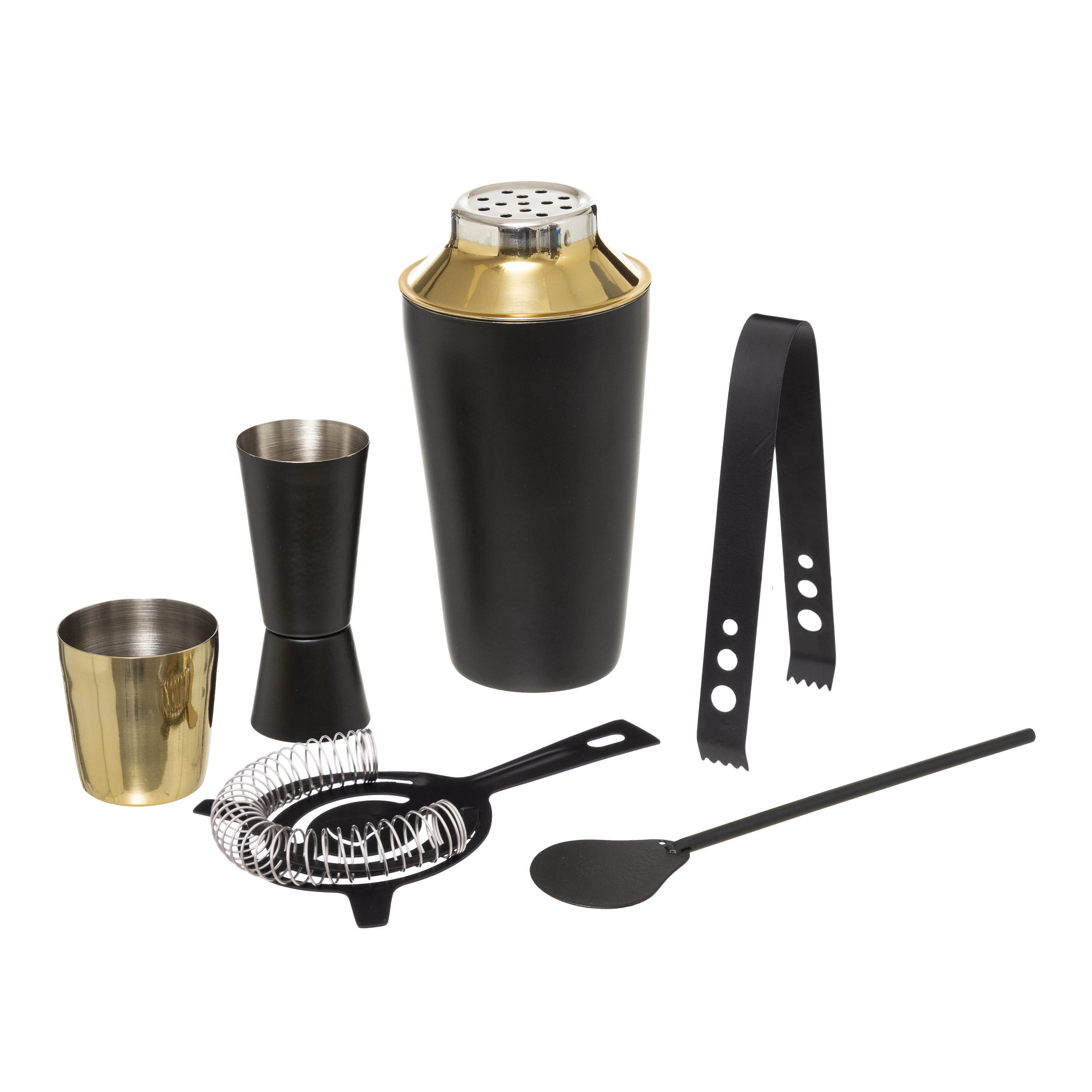 RVS barset-cocktailset-giftset met cocktailshaker 6-delig zwart-goud