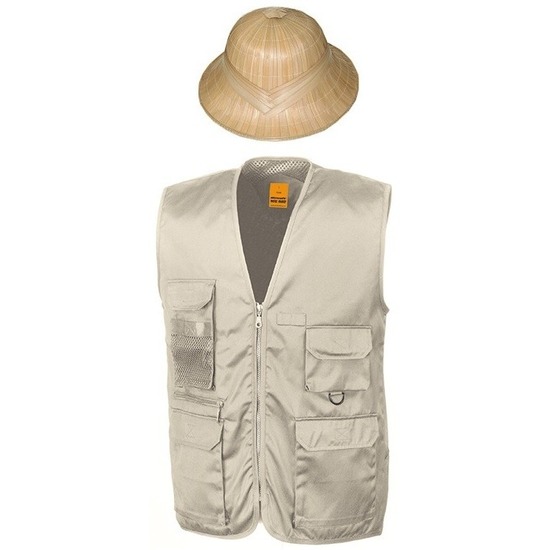 Safari-jungle verkleedset vest en hoed beige voor volwassenen