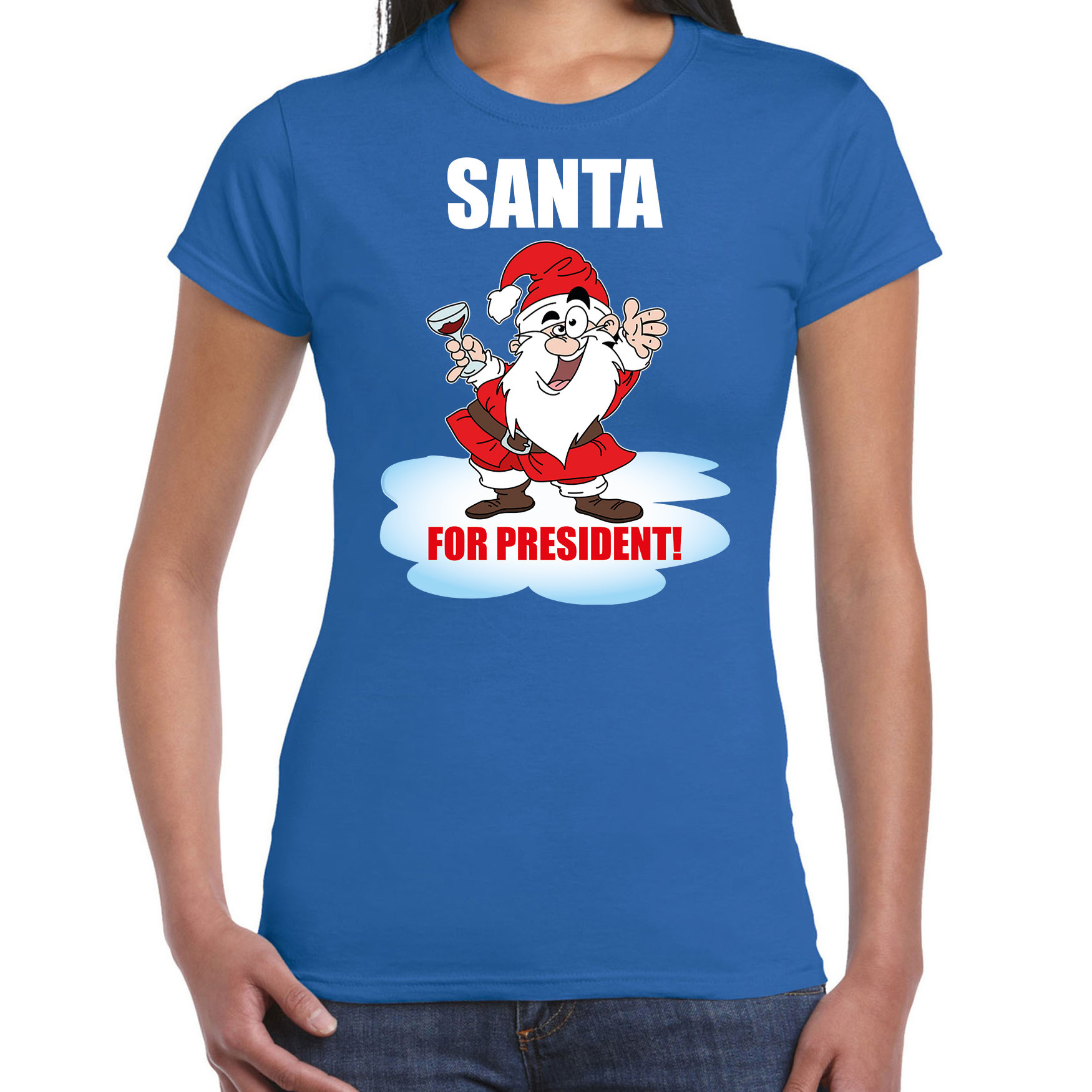 Santa for president Kerst t-shirt - Kerst outfit blauw voor dames