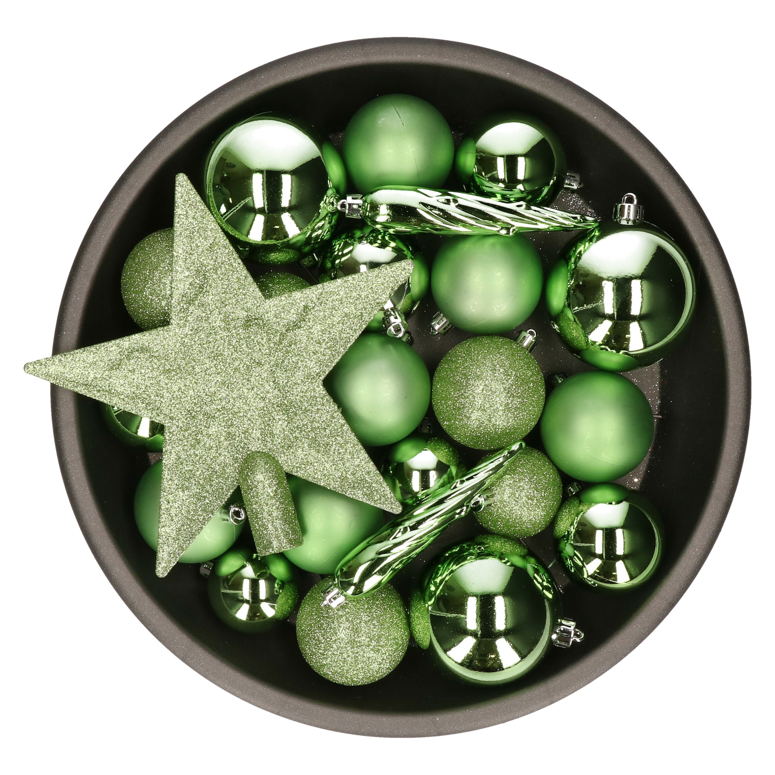 Set van 33x stuks kunststof kerstballen met ster piek groen mix
