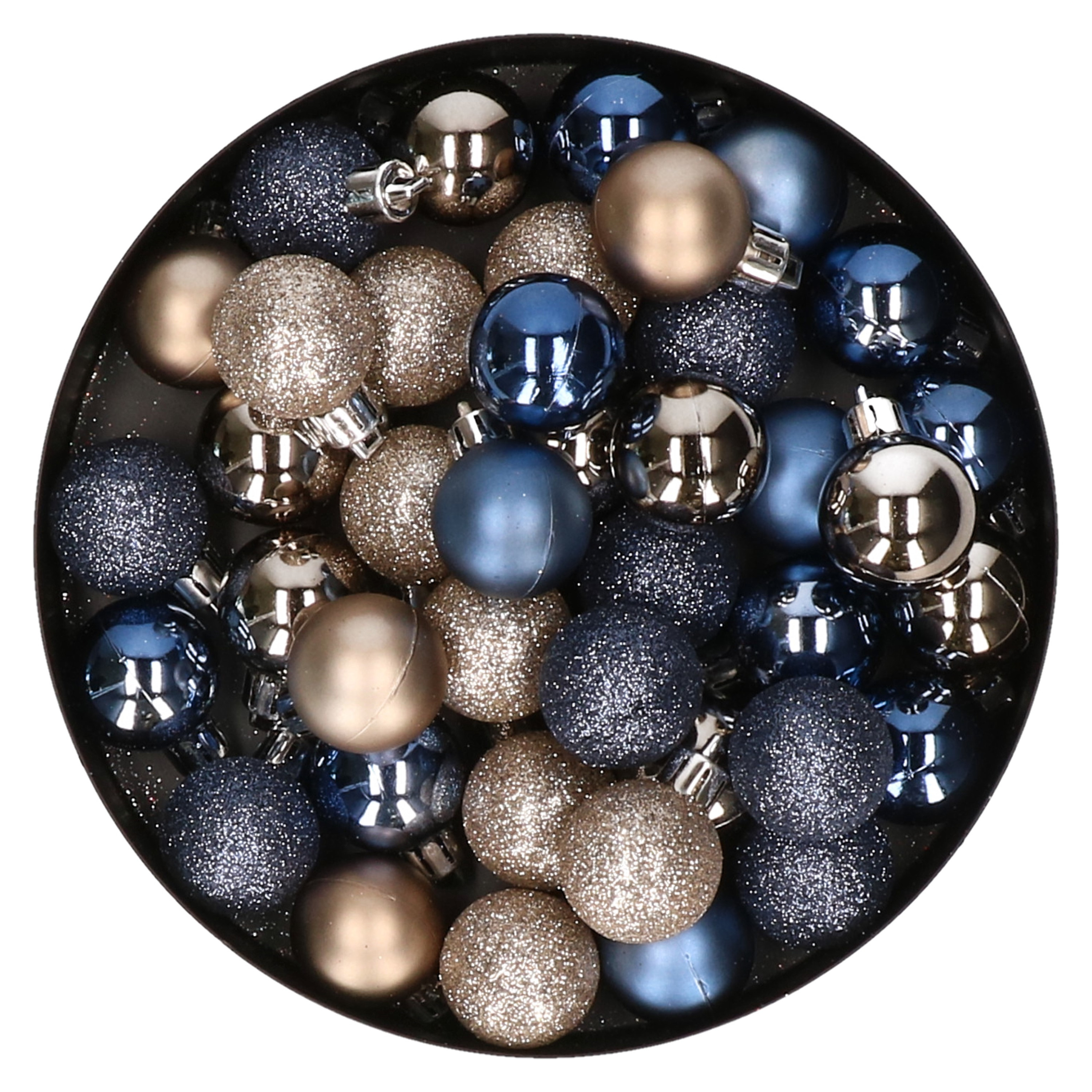 Set van 40x stuks kunststof kerstballen mix champagne en donkerblauw 3 cm