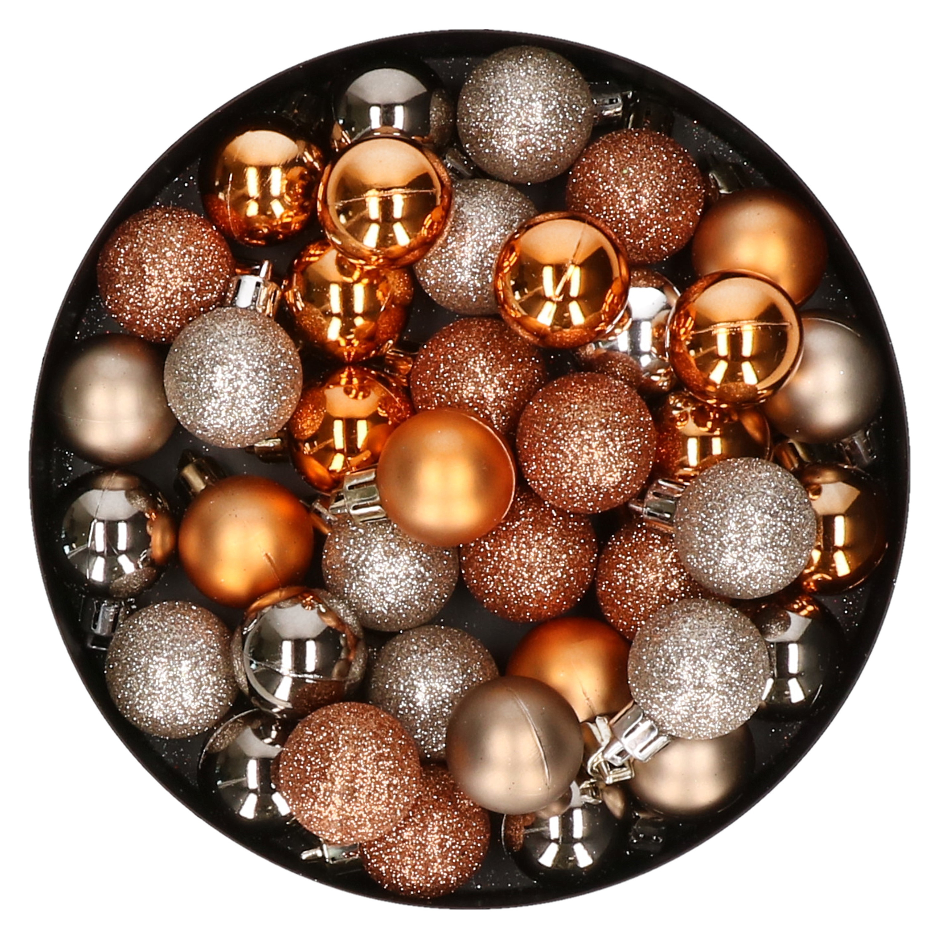 Set van 40x stuks kunststof kerstballen mix champagne en koper 3 cm