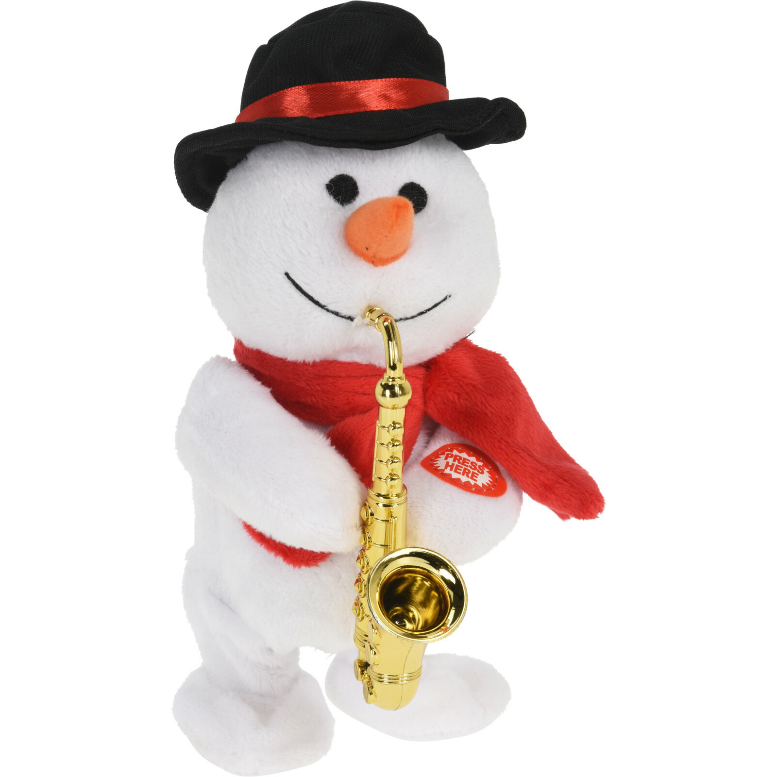 Sneeuwpop knuffel pop-figuur 21 cm saxofoon met beweging en geluid