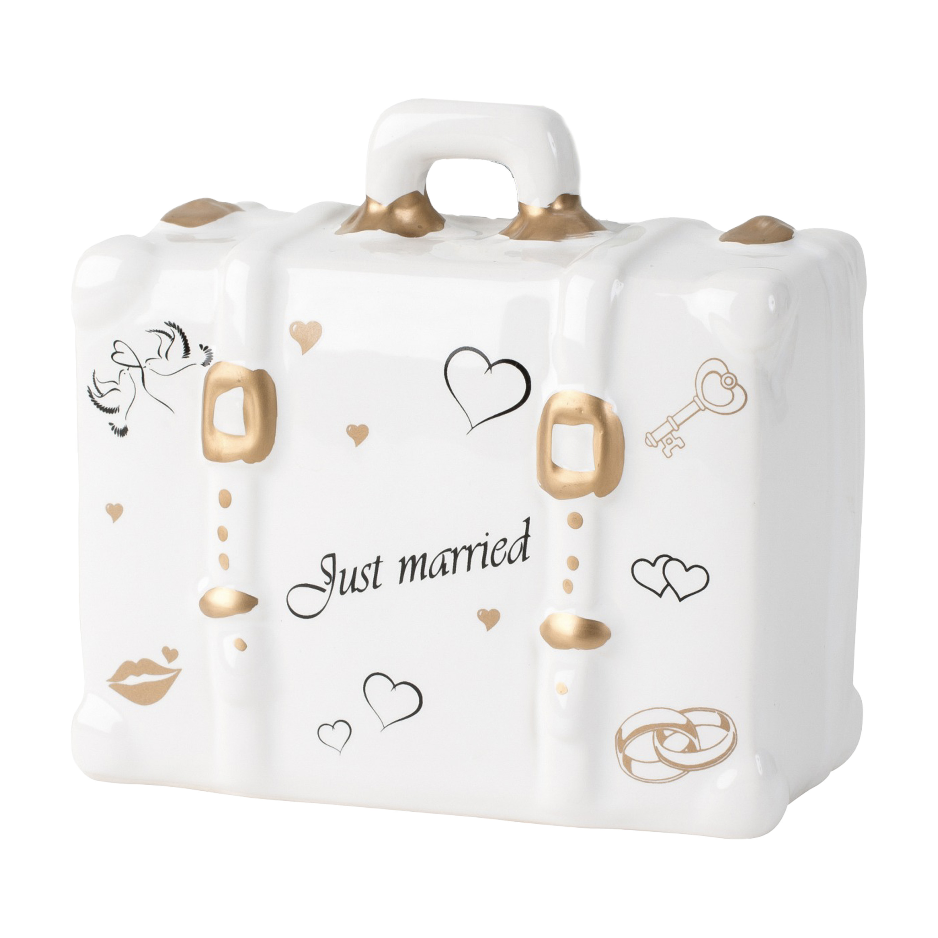 Spaarpot voor volwassenen Just Married Keramiek koffer in bruiloft thema 14 x 10 cm