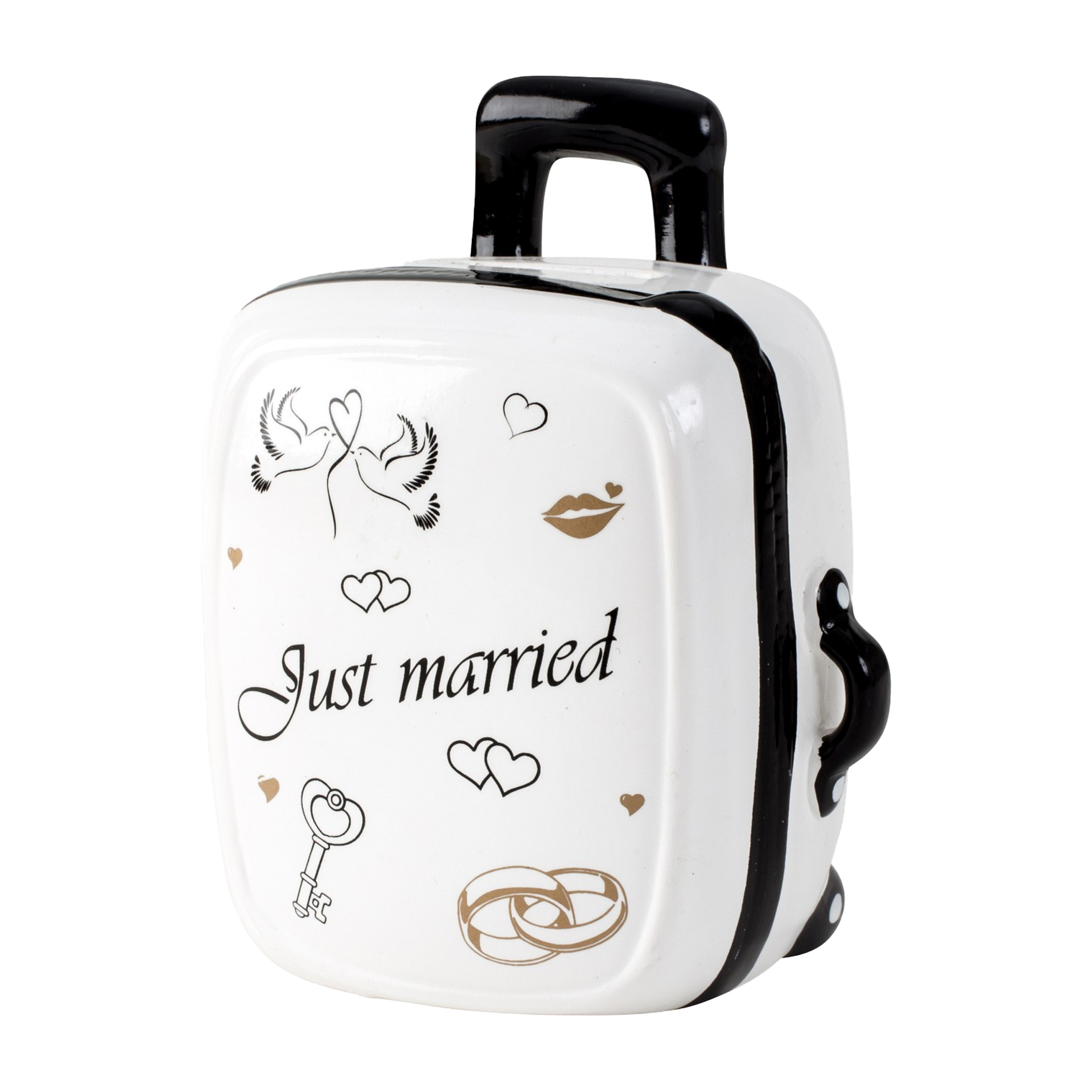 Spaarpot voor volwassenen Just Married Keramiek koffer in bruiloft thema 15 x 12 cm