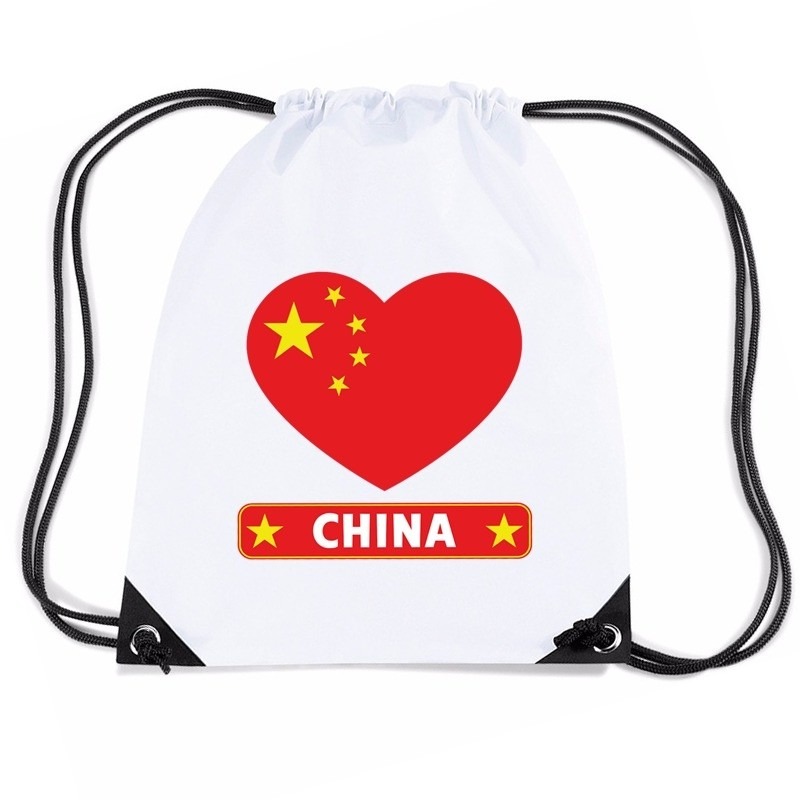 Sporttas met trekkoord China vlag in hart
