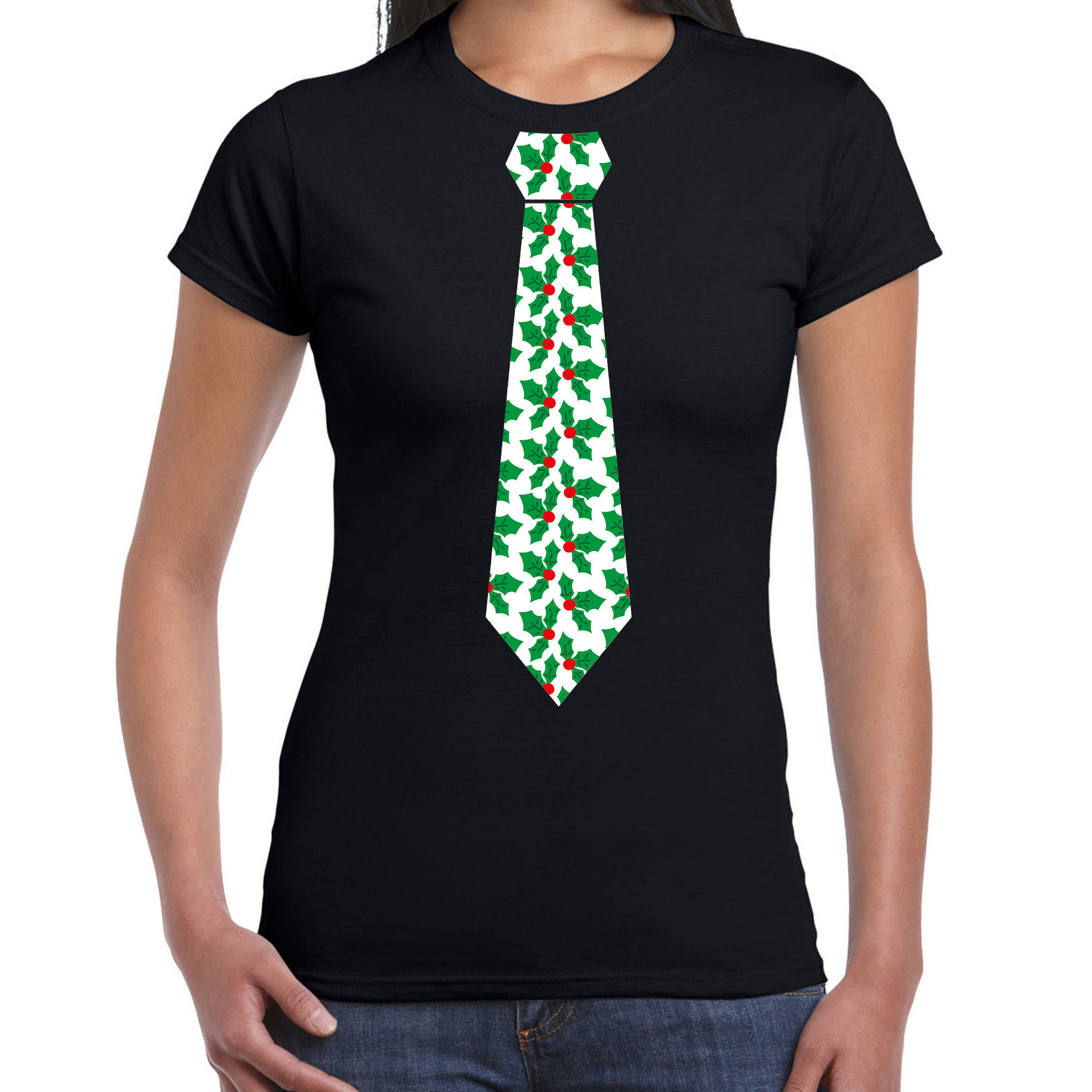 Stropdas Kerst T-shirt mistletoe patroon voor dames zwart