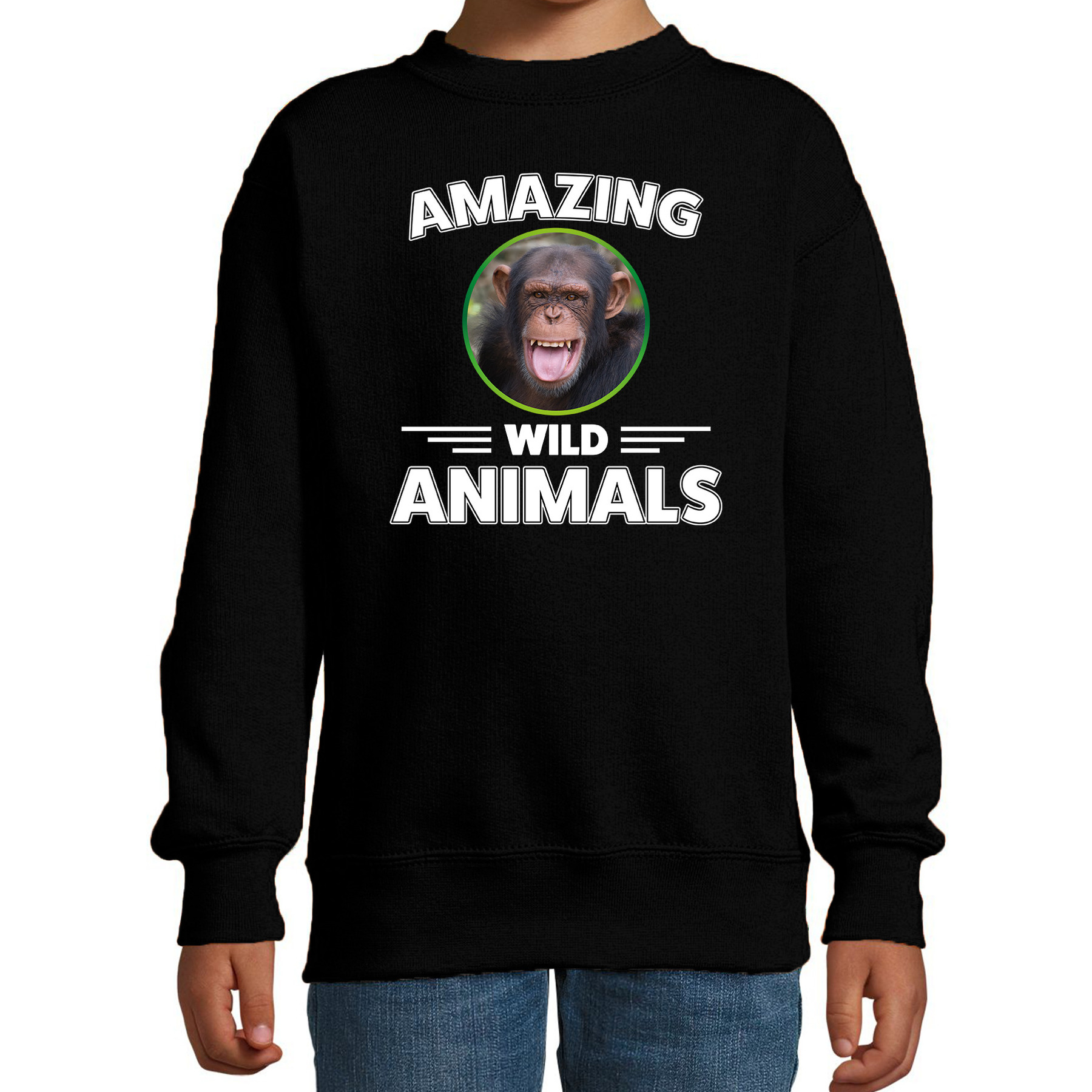 Sweater chimpansee apen amazing wild animals / dieren trui zwart voor kinderen