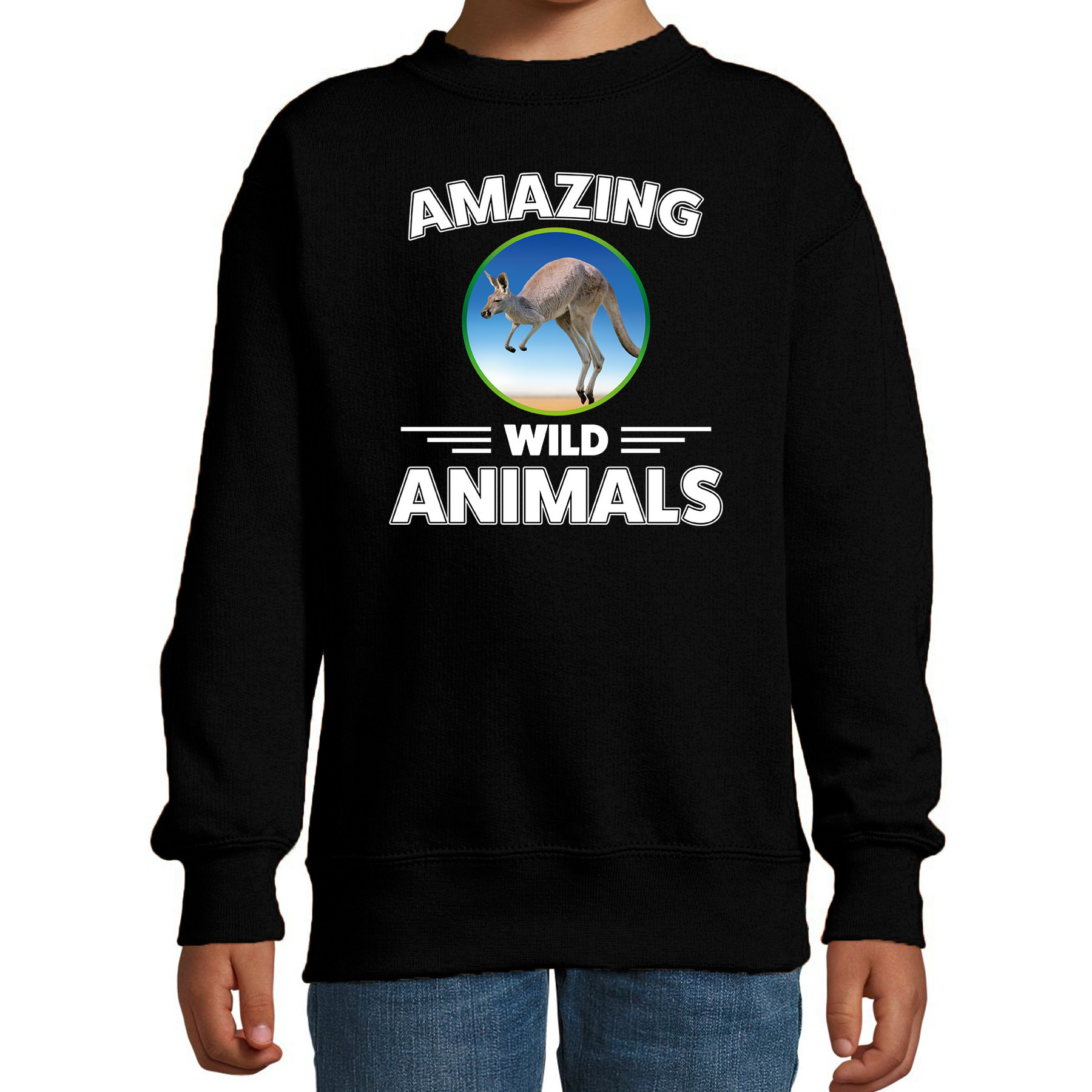 Sweater kangoeroes amazing wild animals / dieren trui zwart voor kinderen
