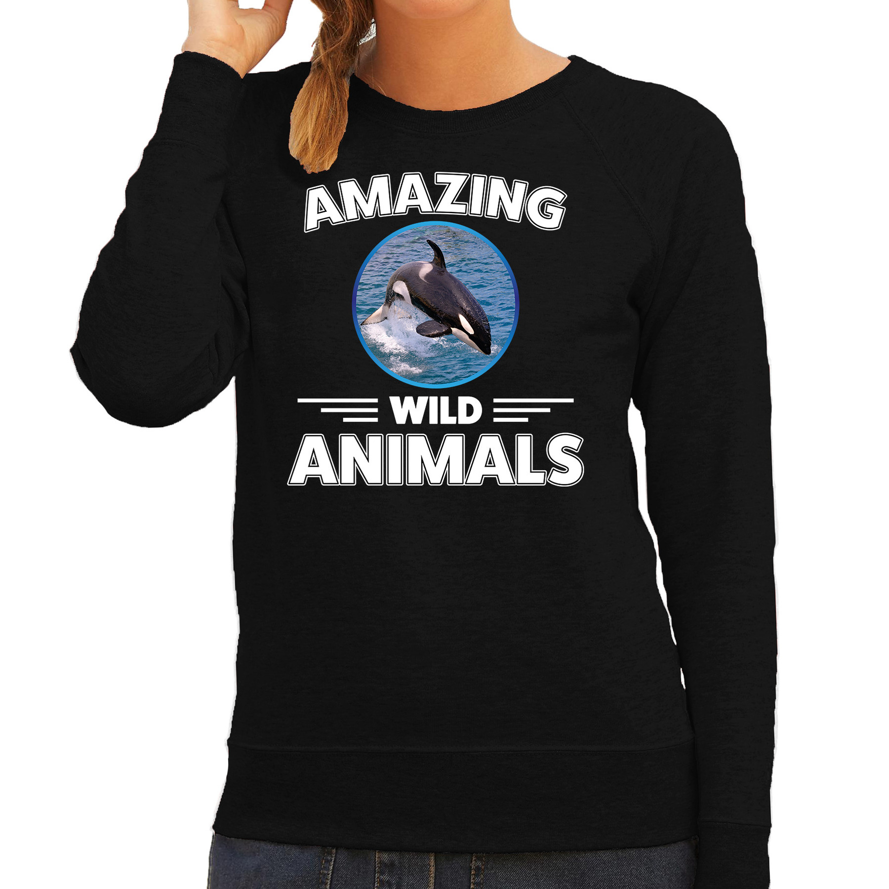 Sweater orka walvissen amazing wild animals / dieren trui zwart voor dames